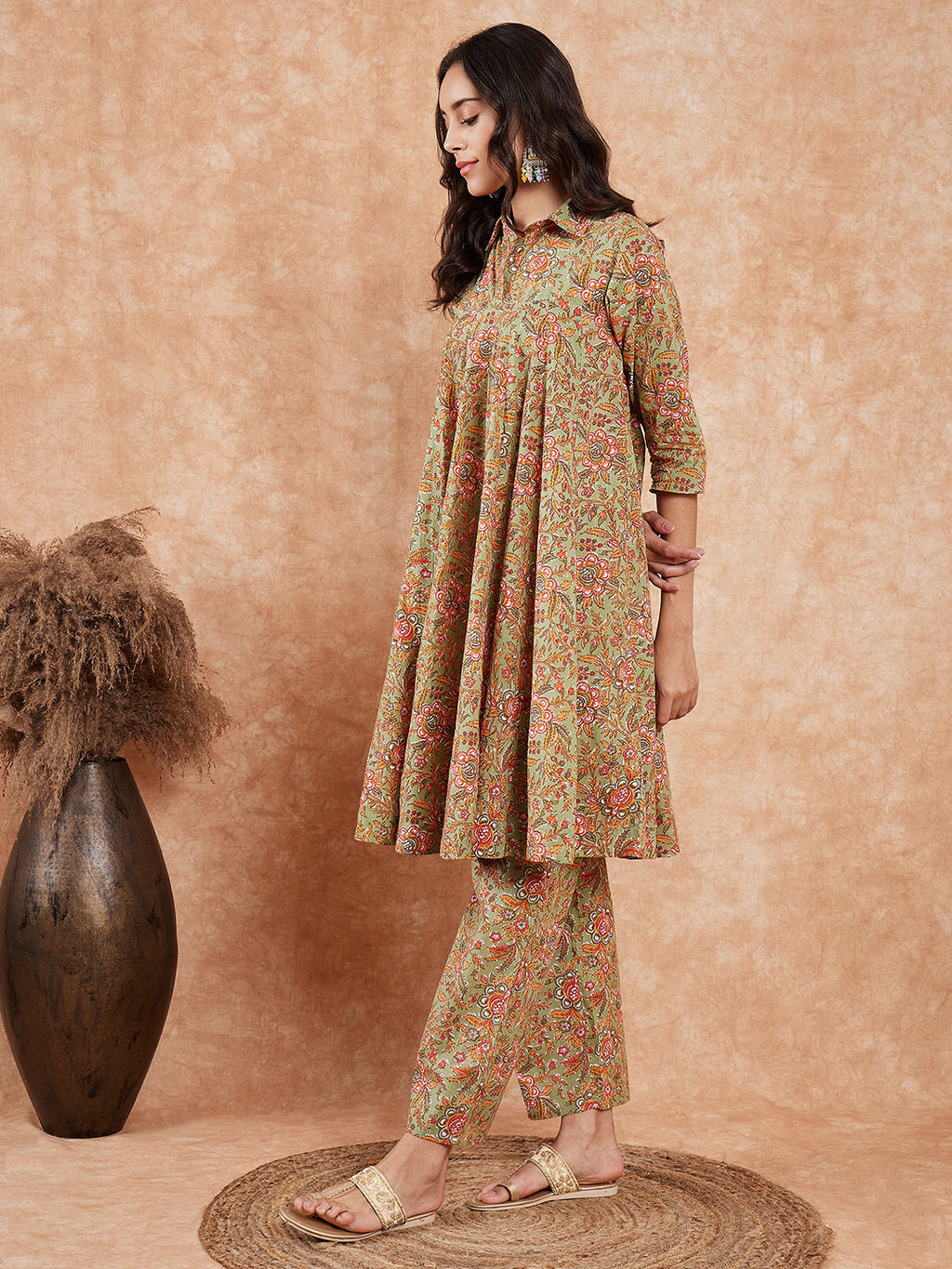 InWeave Women's Pear Green Orange Floral Print Flared Kurta Pant Set