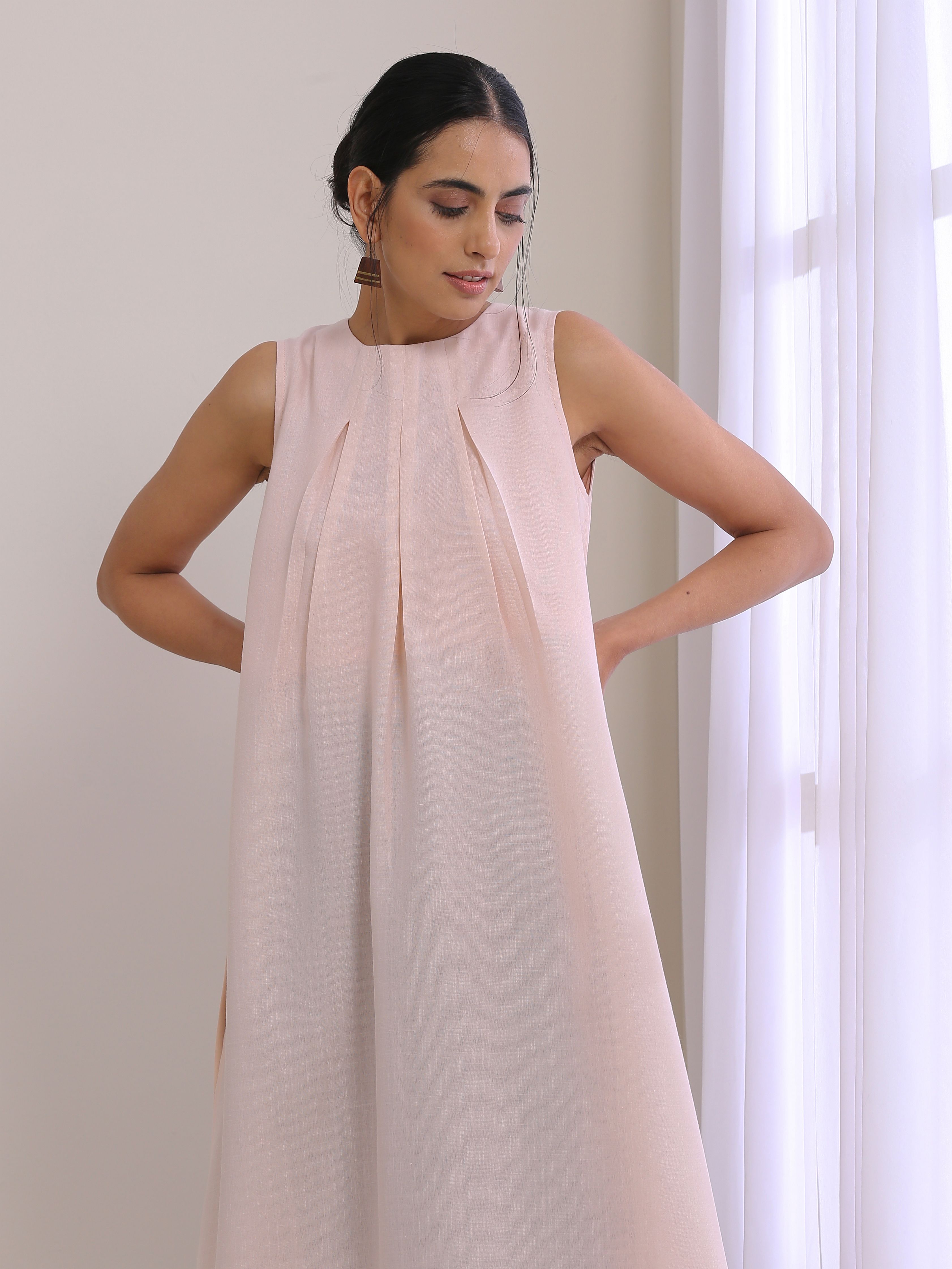 trueBrowns Pink Slub Sleeveless Kurta Pant Set