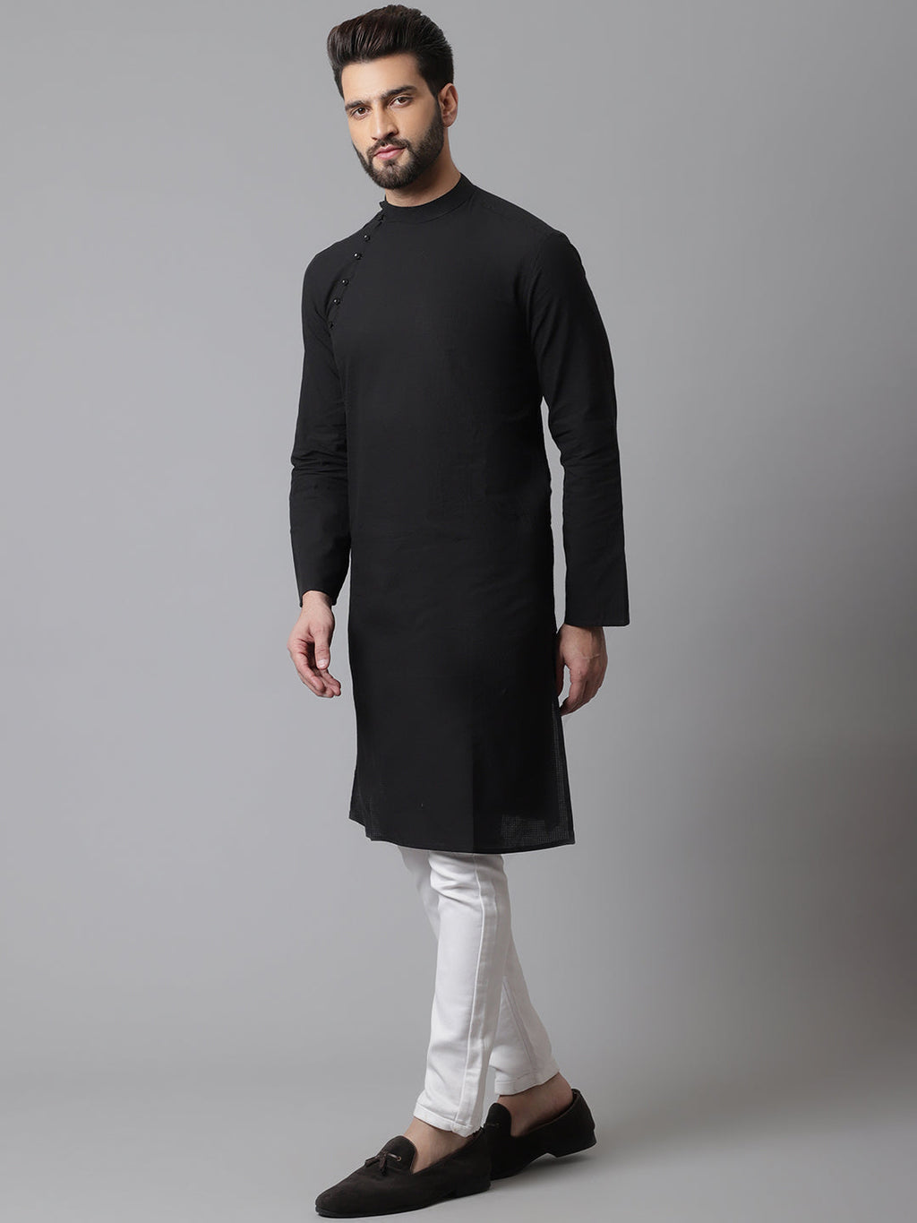 Even Apparels Black Solid Kurta With Band Collar