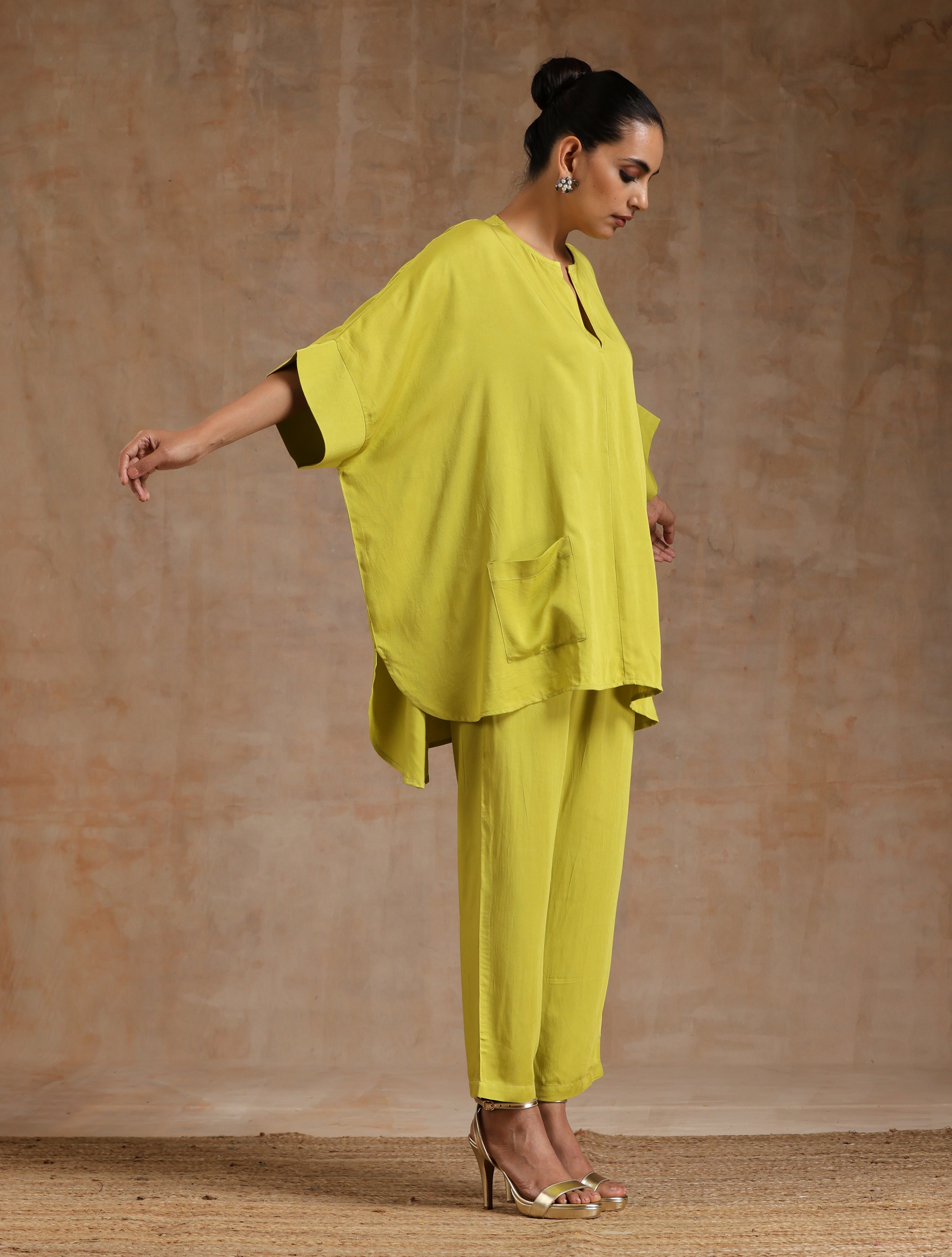 trueBrowns Lime Modal Satin Boxy Fit High-Low Co-Ord Set