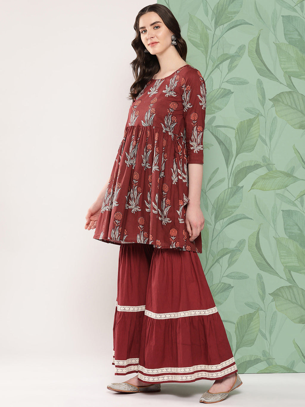 InWeave Women's Brick Rust Boota Sharara Set With Dupatta