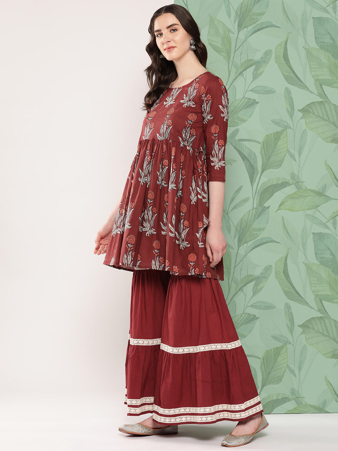 InWeave Women's Brick Rust Boota Sharara Set With Dupatta