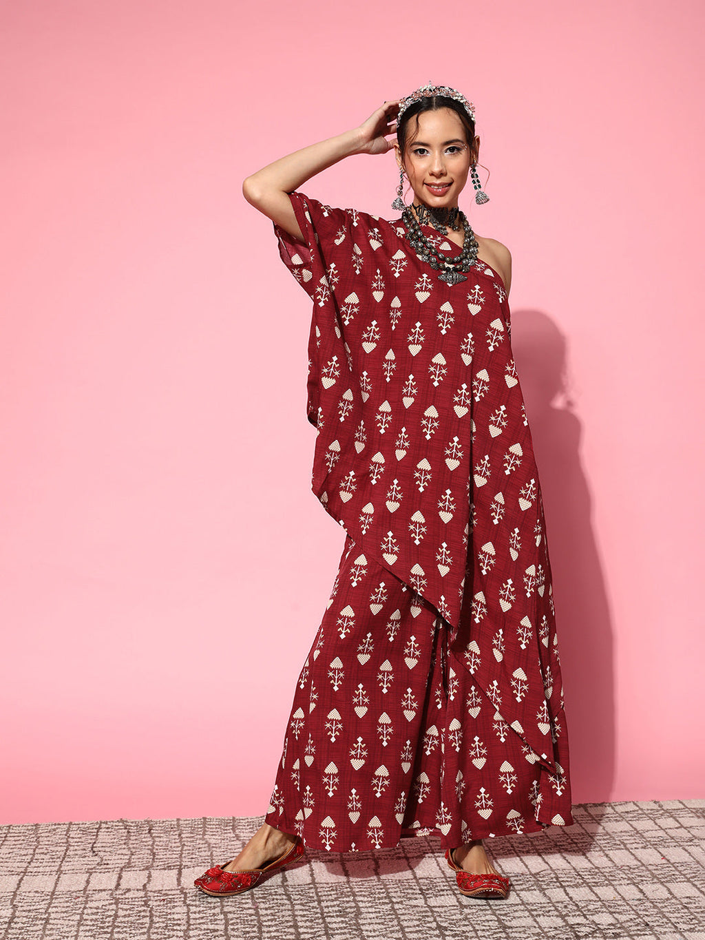 InWeave Women's Maroon Boota One Shoulder Top With Palazzo Set