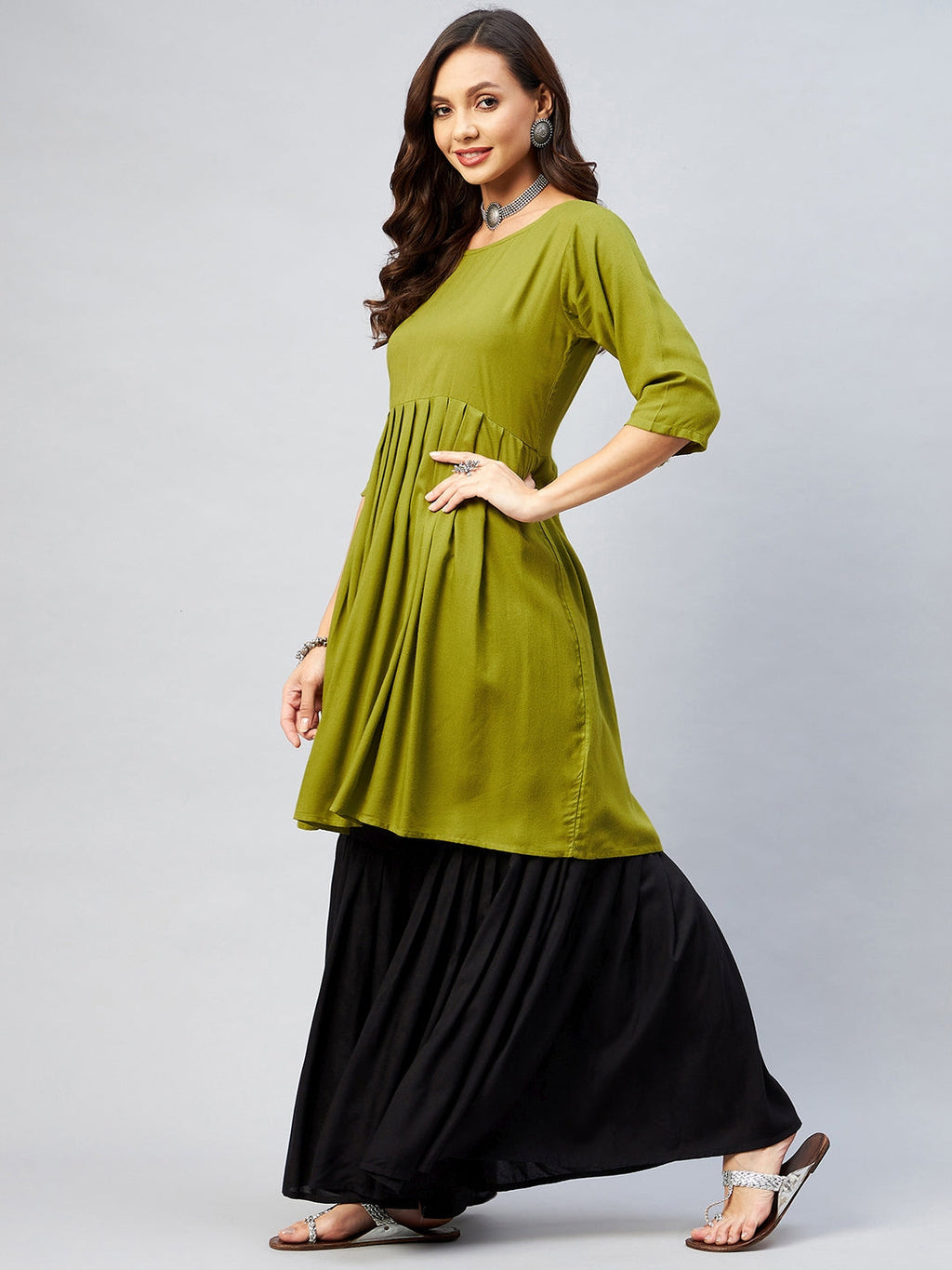 InWeave Women's Olive Short Anarkali Kurta
