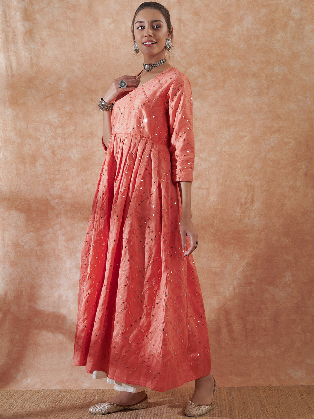 InWeave Women's Peach Mirror Work Long Anarkali Kurta