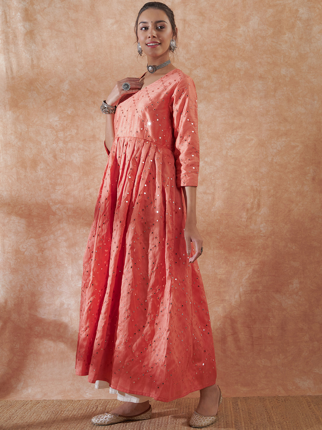 InWeave Women's Peach Mirror Work Long Anarkali Kurta