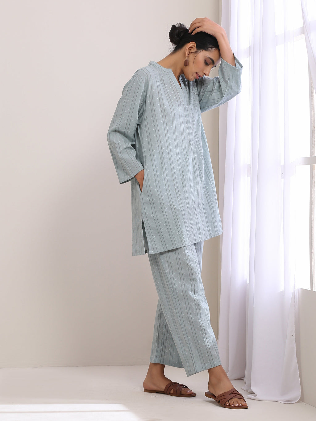 trueBrowns Eggshell Blue Dobby Relaxed Fit Co-Ord Set