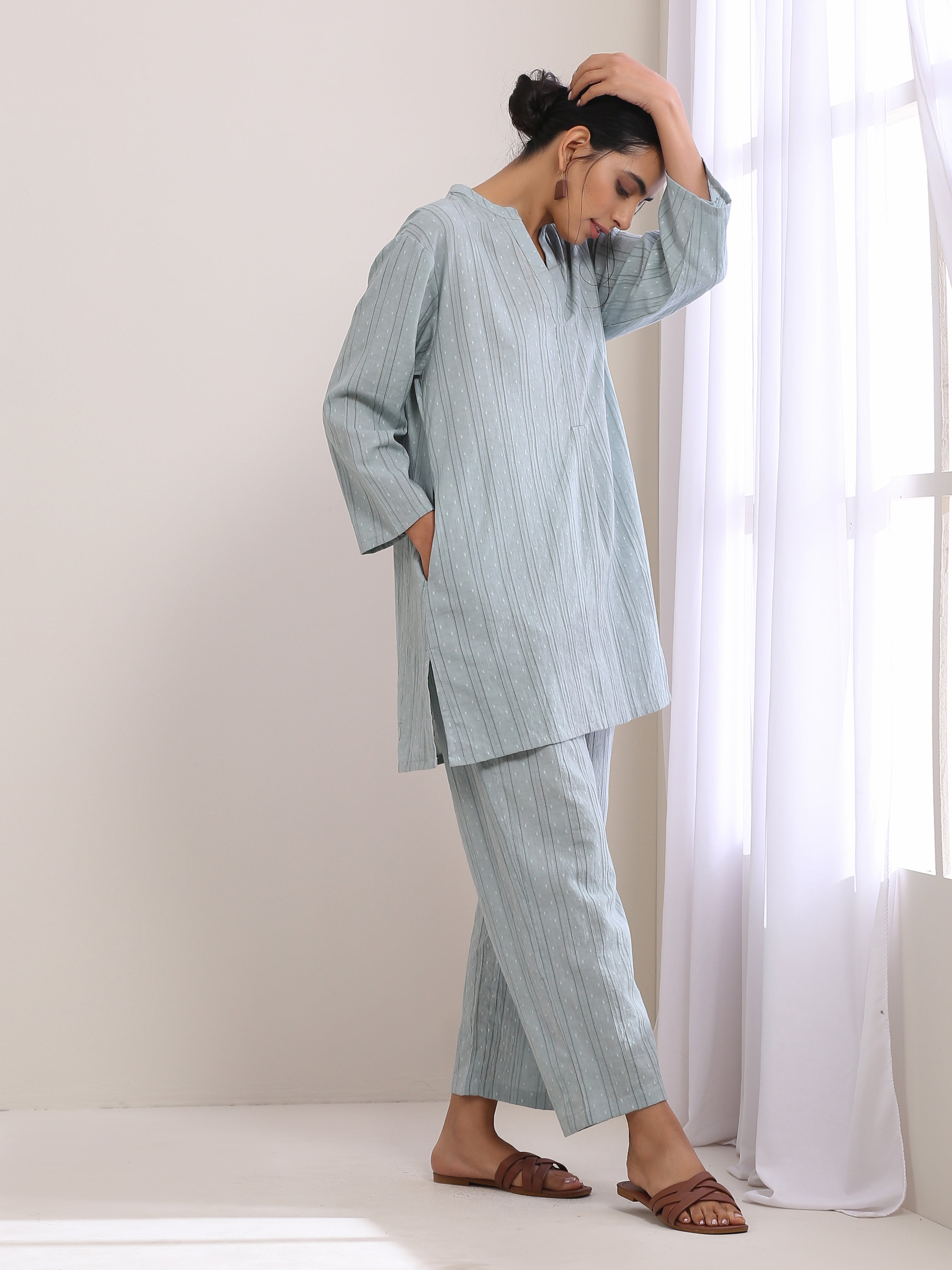 trueBrowns Eggshell Blue Dobby Relaxed Fit Co-Ord Set