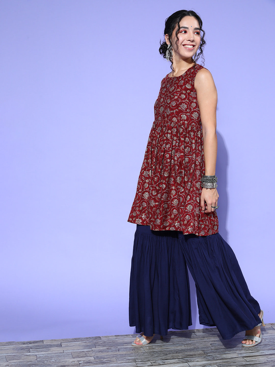 InWeave Women's Burgundy Printed Kurta Sharara Set With Blue Organza Dupatta