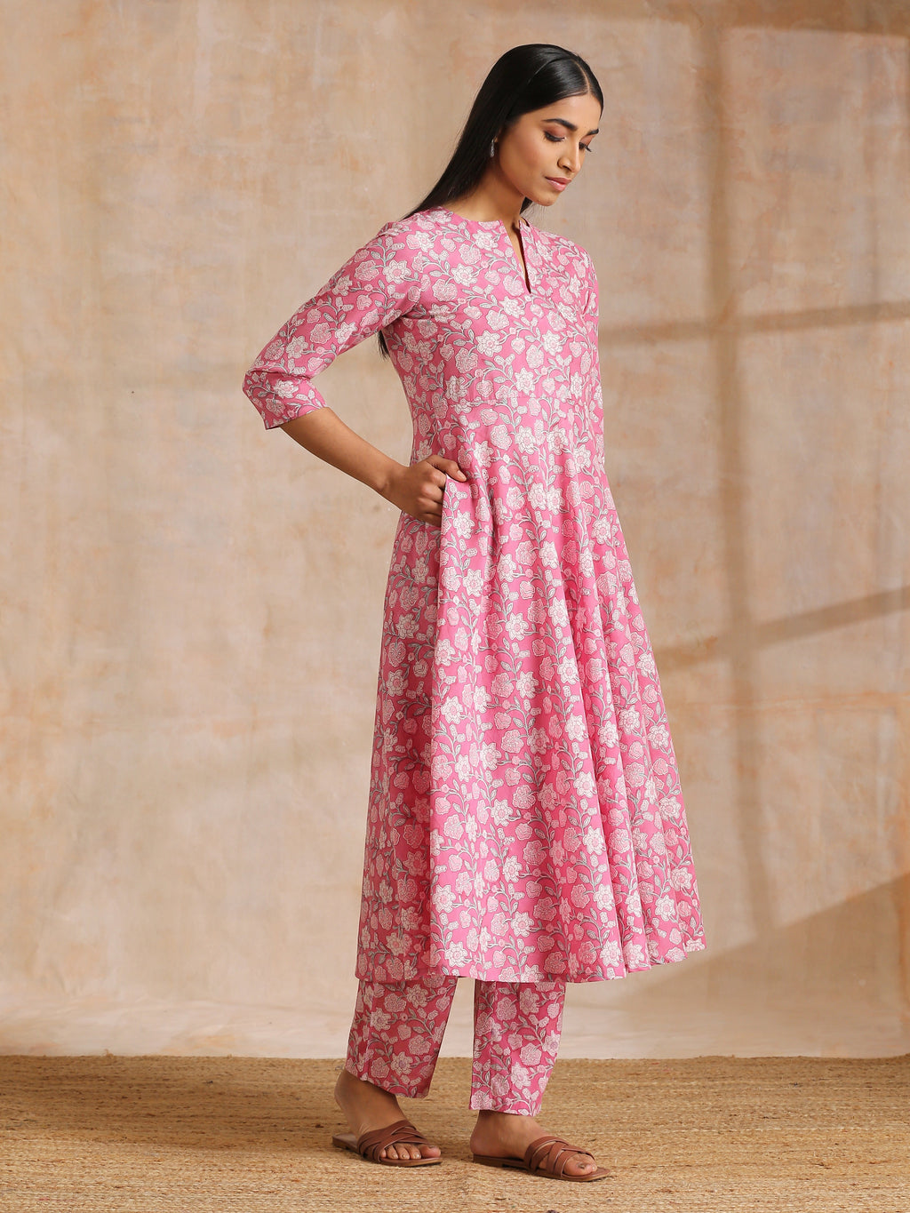 trueBrowns Pink Overall Floral Block Print Cotton Flared Kurta Pant Set