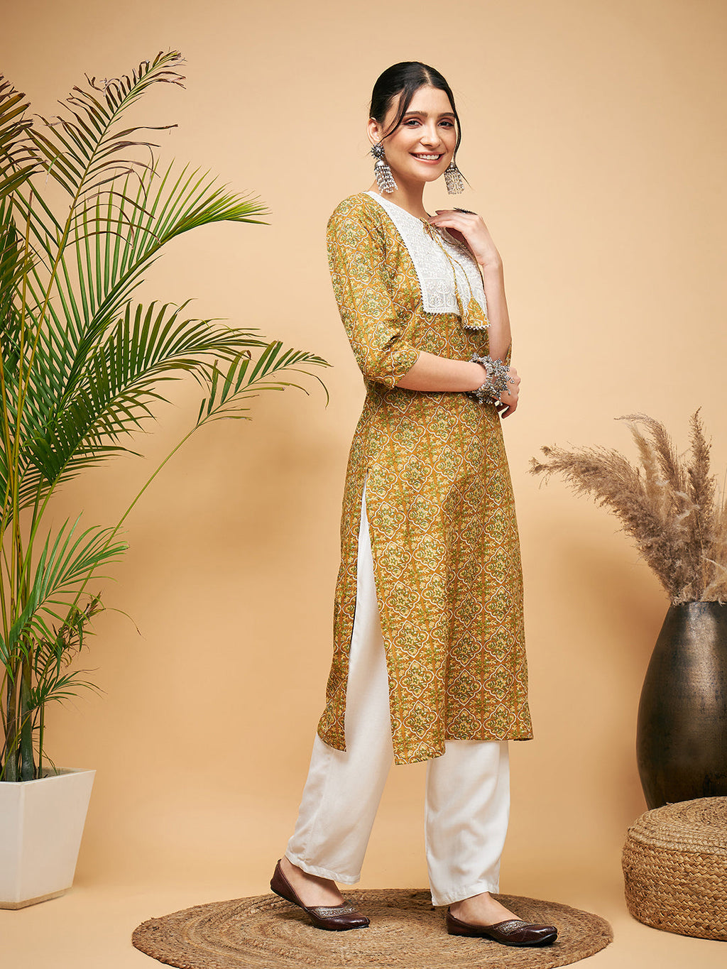 InWeave Women's Olive Ajrakh Print Cotton Patch Work Straight Kurta