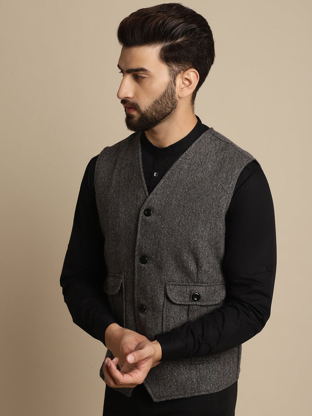 Even Apparels Men's Grey Woolen Waistcoat With Patch Pocket