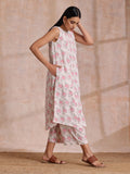 trueBrowns Pink Green Buta On White Block Print Cotton High-Low Co-Ord Set