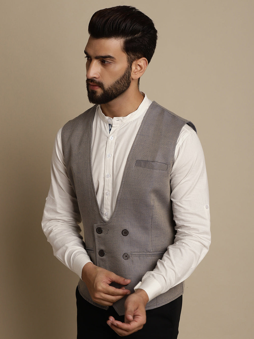 Even Apparels Men's Grey Double Breast Waistcoat