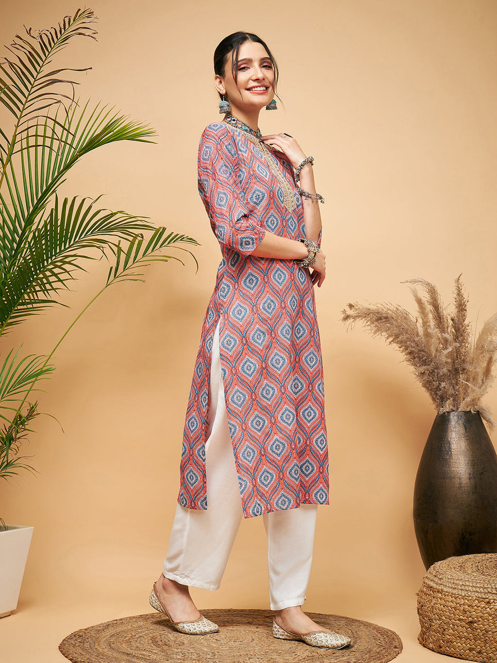 InWeave Women's Red Blue Ogee Print Gota Straight Kurta Pant Set