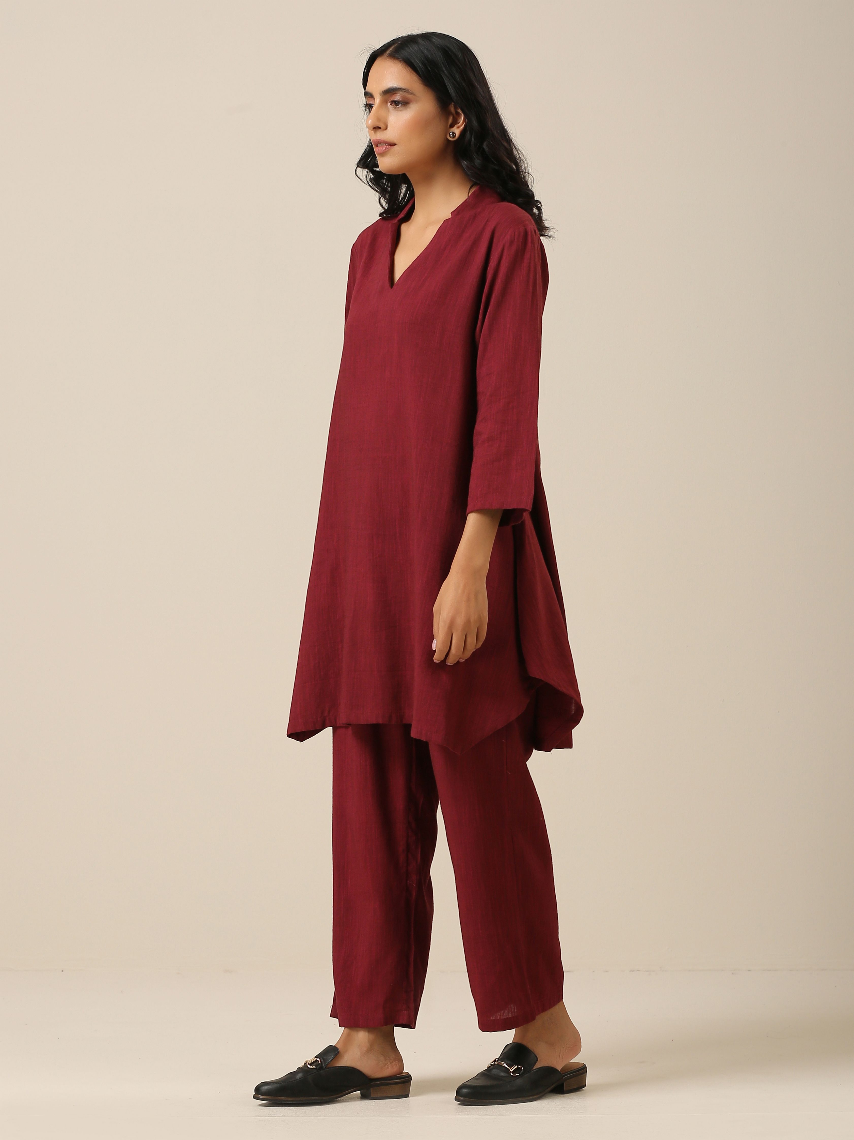 trueBrowns Ruby Wine Slub Textured Collar Co-Ord Set