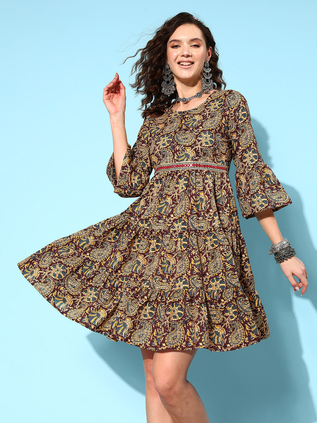 InWeave Women's Brown Kalamkari Print Short Dress