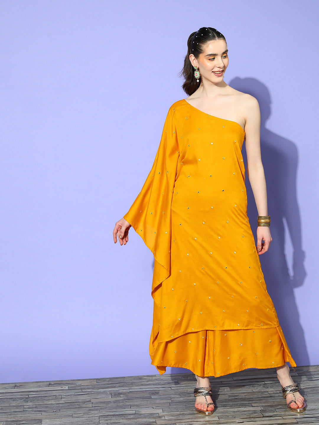 InWeave Women's Mustard Mirror Work One Shoulder Kurta Set