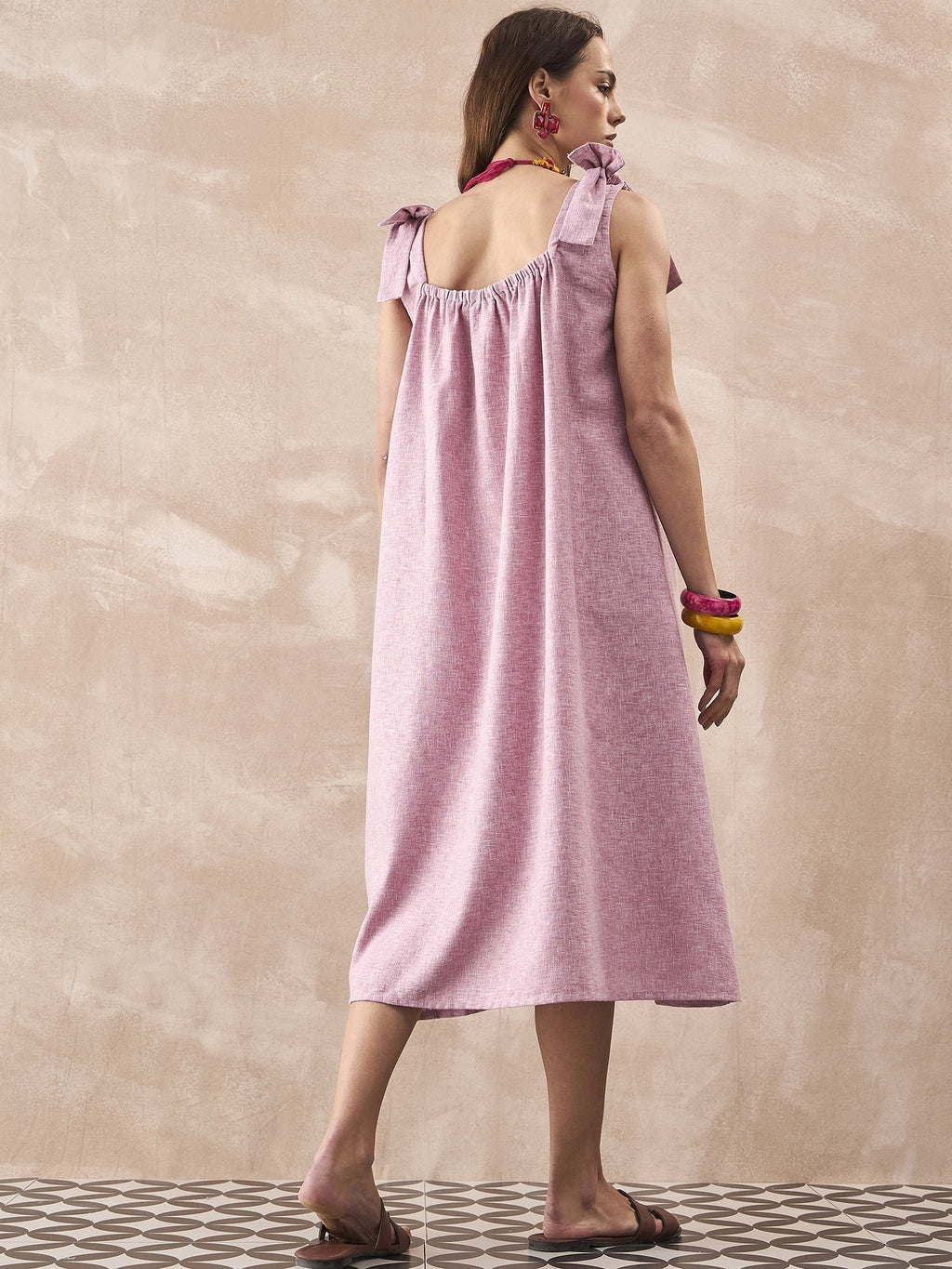 InWeave Dull Pink Linen Round Pleat Bow Dress