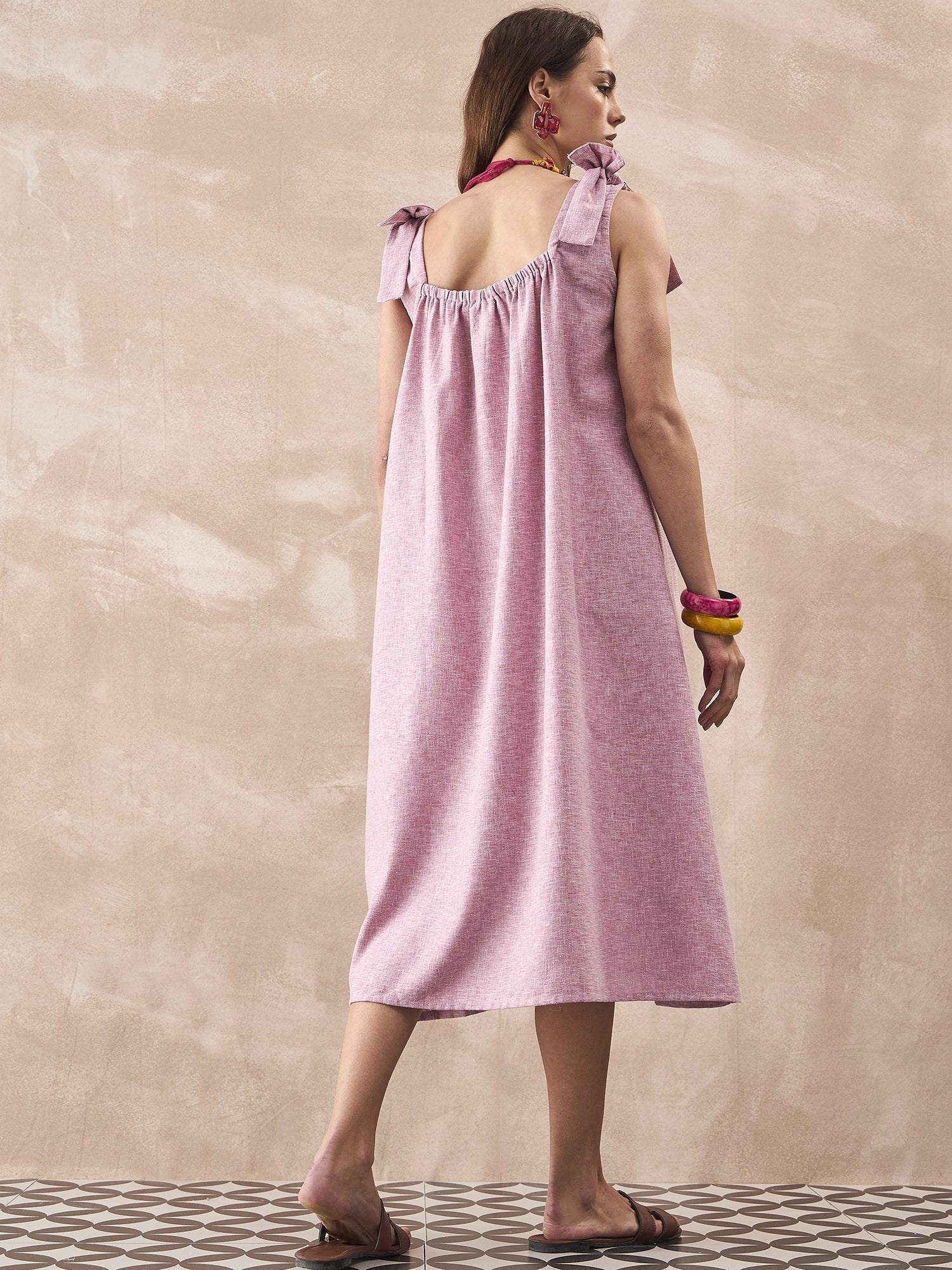 InWeave Dull Pink Linen Round Pleat Bow Dress