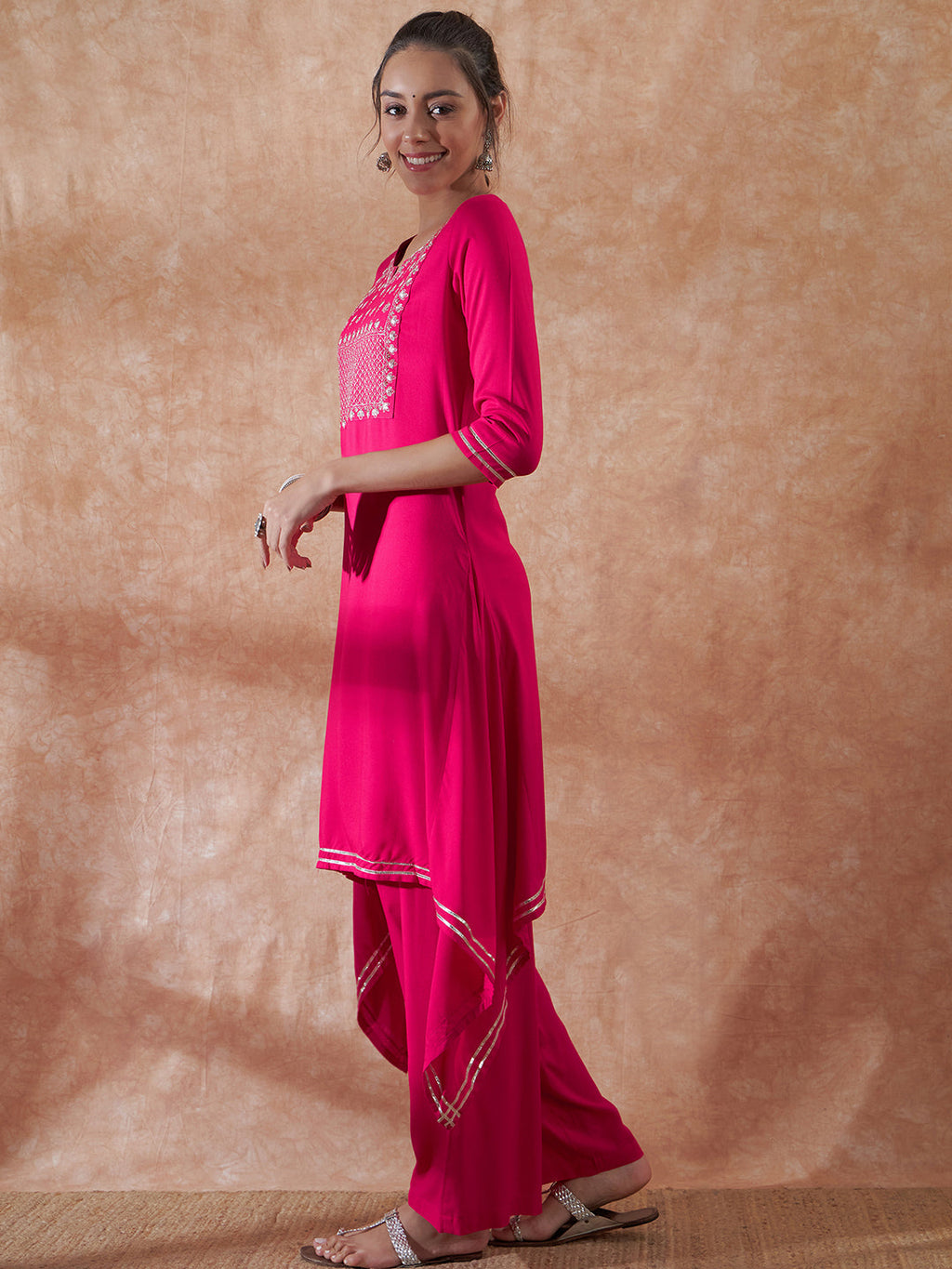 InWeave Women's Magenta Emb Assymetrical Kurta Pant Set