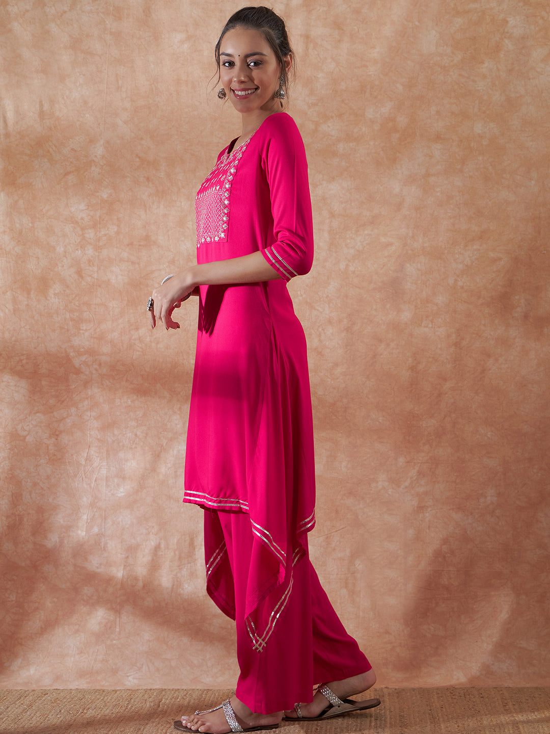 InWeave Women's Magenta Emb Assymetrical Kurta Pant Set