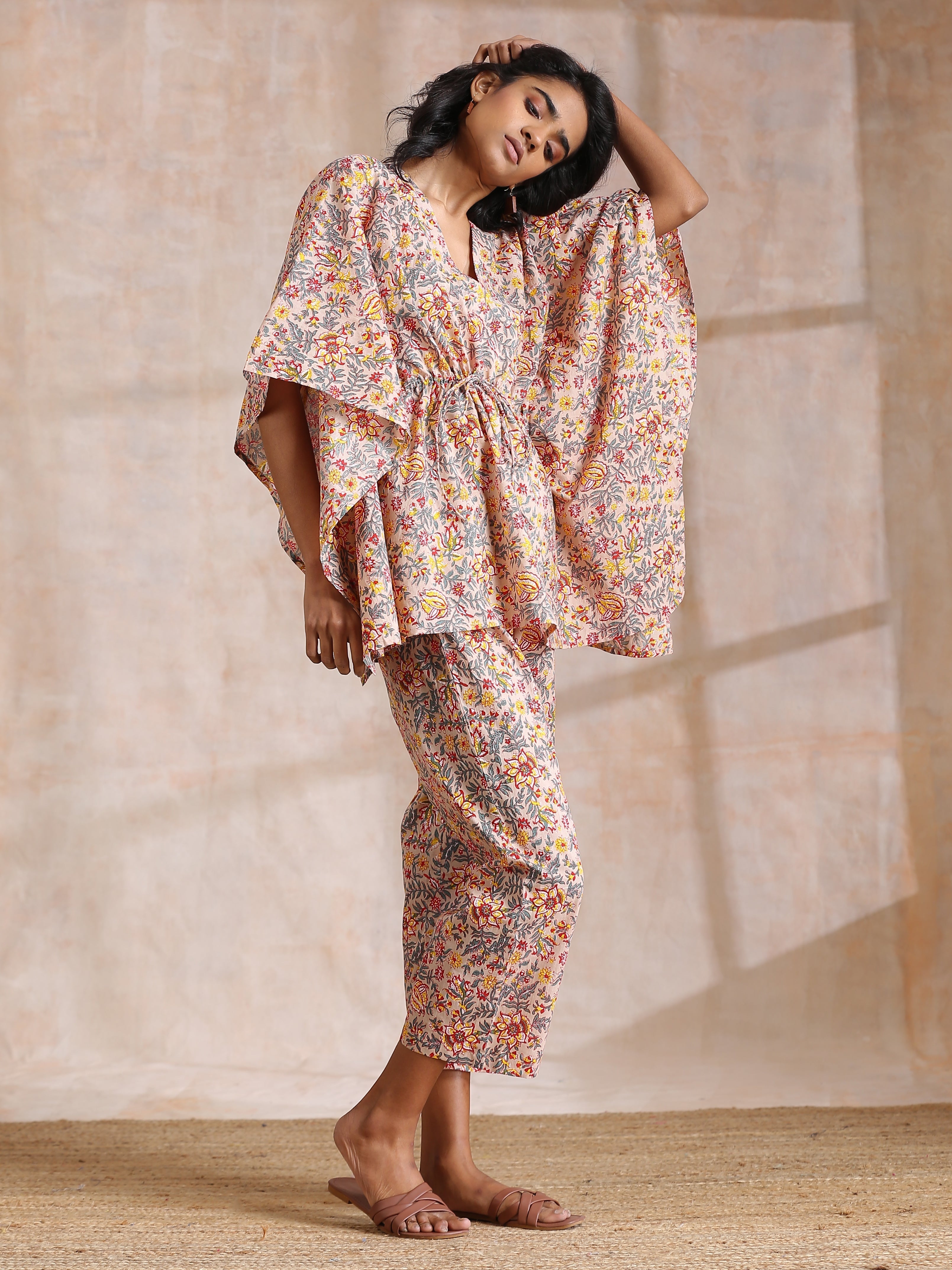 trueBrowns Multicolor Beige Overall Floral Block Print Cotton Kaftan Co-Ord Set