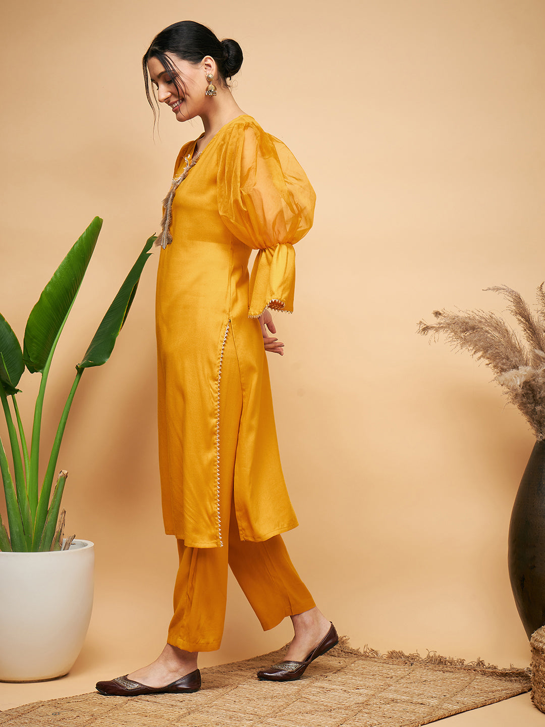 InWeave Women's Mustard Organza Sleeve Kurta Set