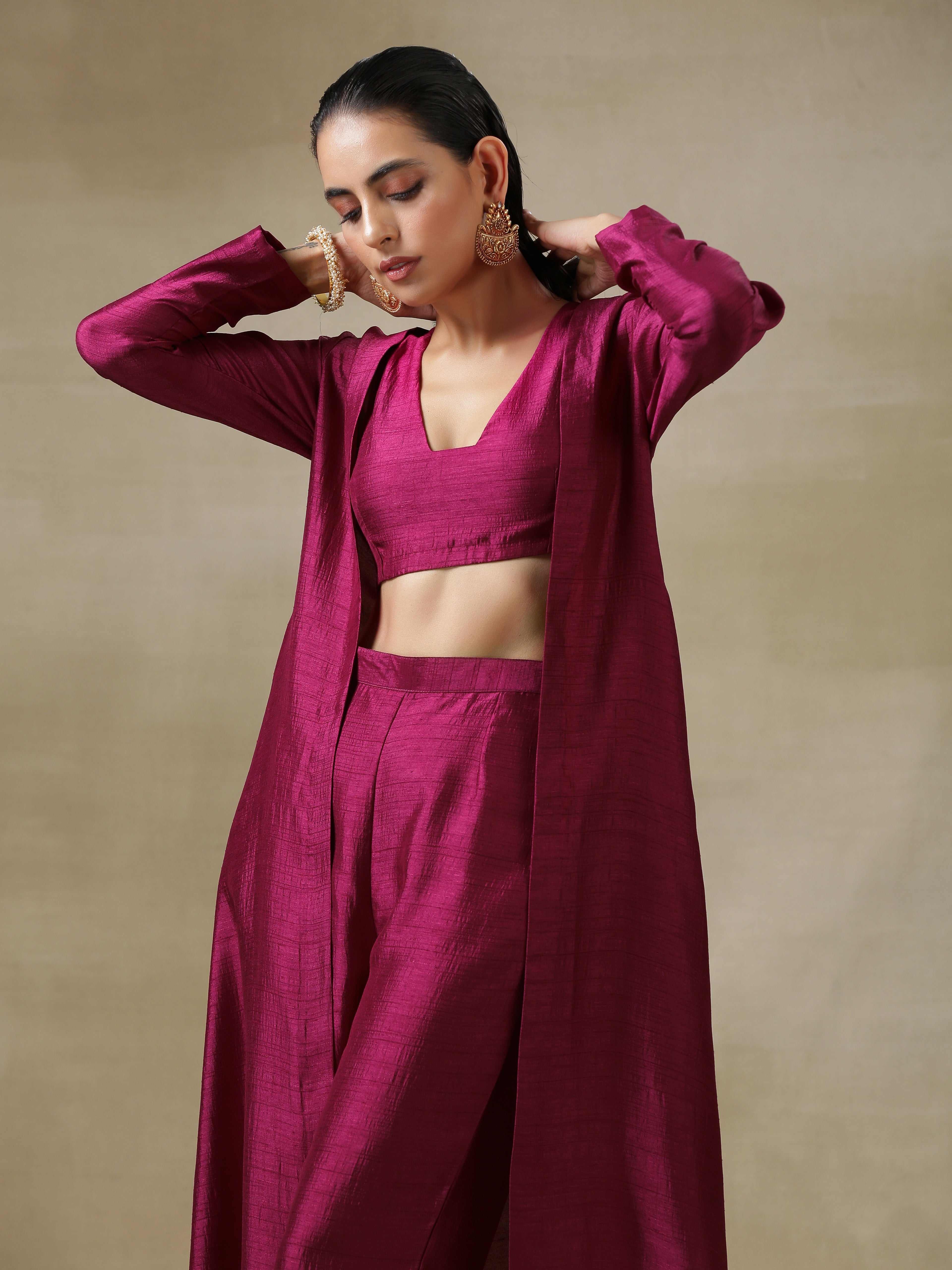 trueBrowns Purple Textured Silk Overlay Jacket Blouse Pant Set