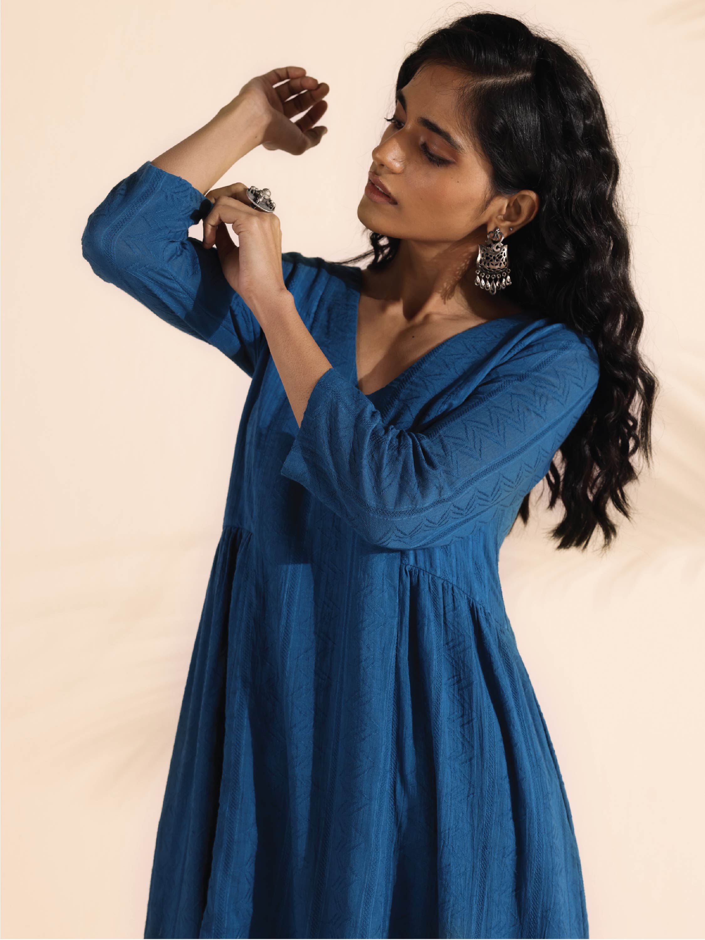 trueBrowns Blue Cotton Dobby Flared Kurta Pant Set