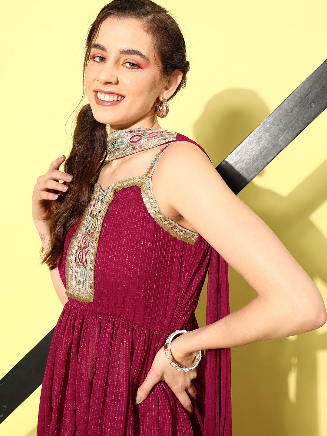 InWeave Women's Maroon Gota Insert Neckline Sharara Set