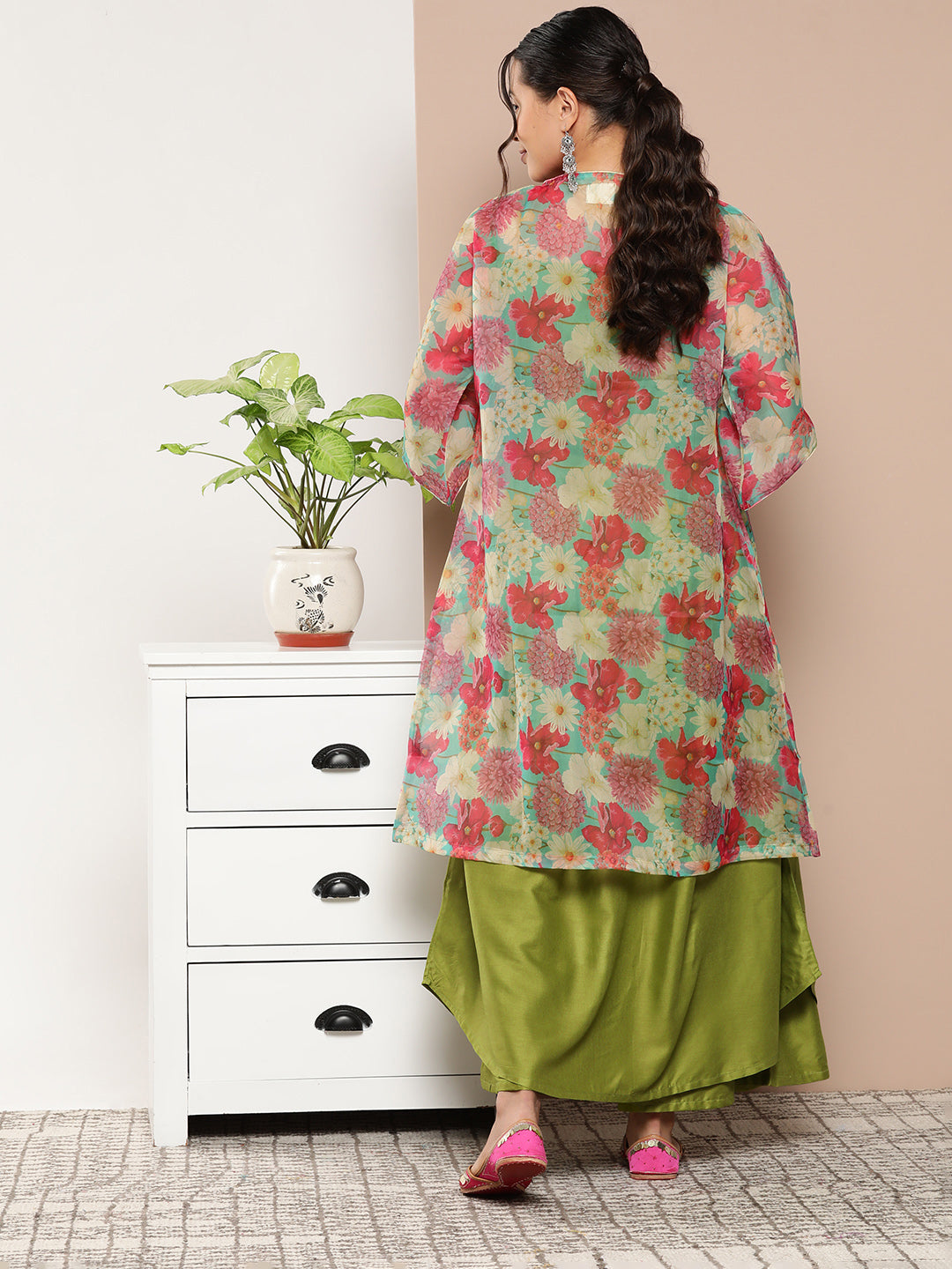 InWeave Women's Olive Green Strappy Set With Pink Green Floral Cape