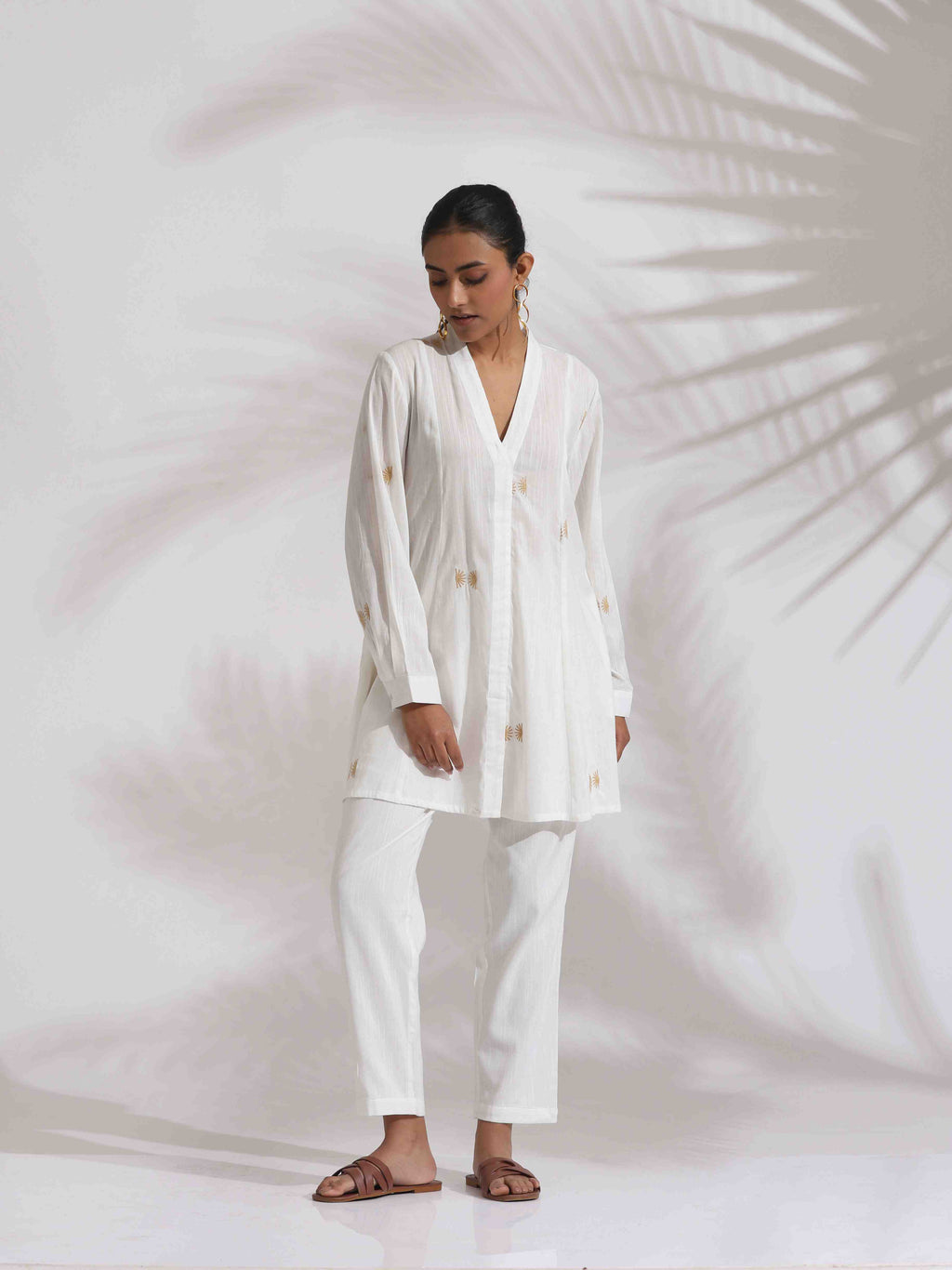 trueBrowns Off-White Cotton Embroidered A-line Co-ord Set