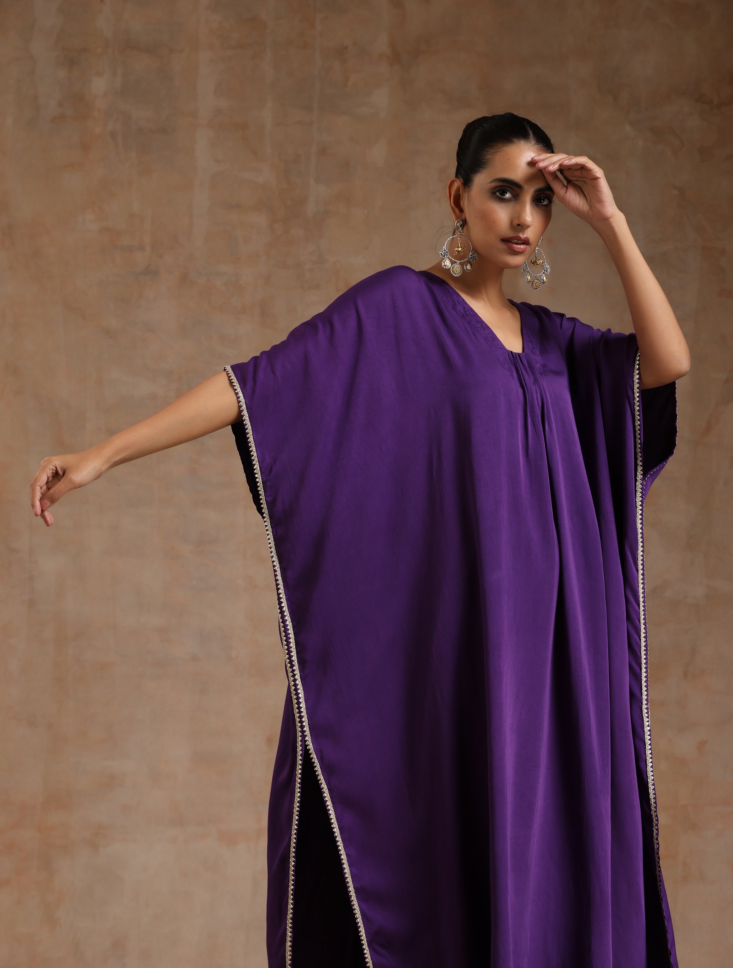 trueBrowns Violet Modal Satin Kaftan Kurta Set