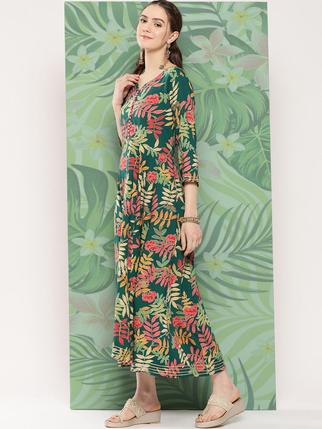 InWeave Women's Green Tropical Print Gota Long Dress