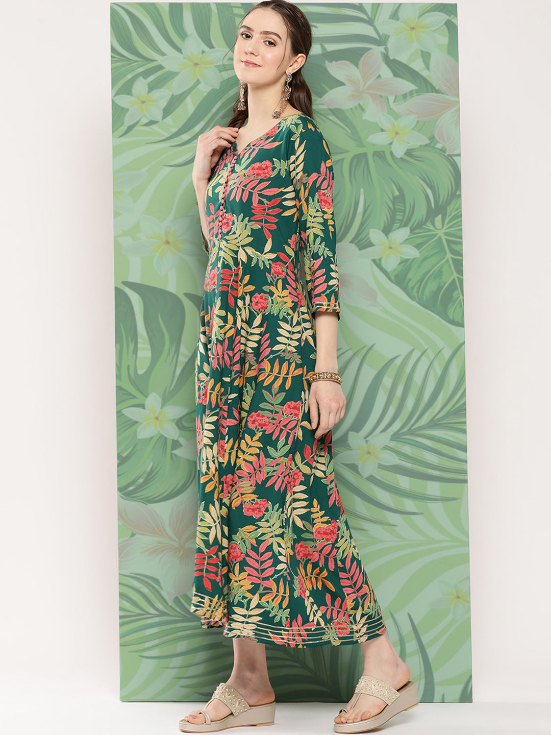 InWeave Women's Green Tropical Print Gota Long Dress