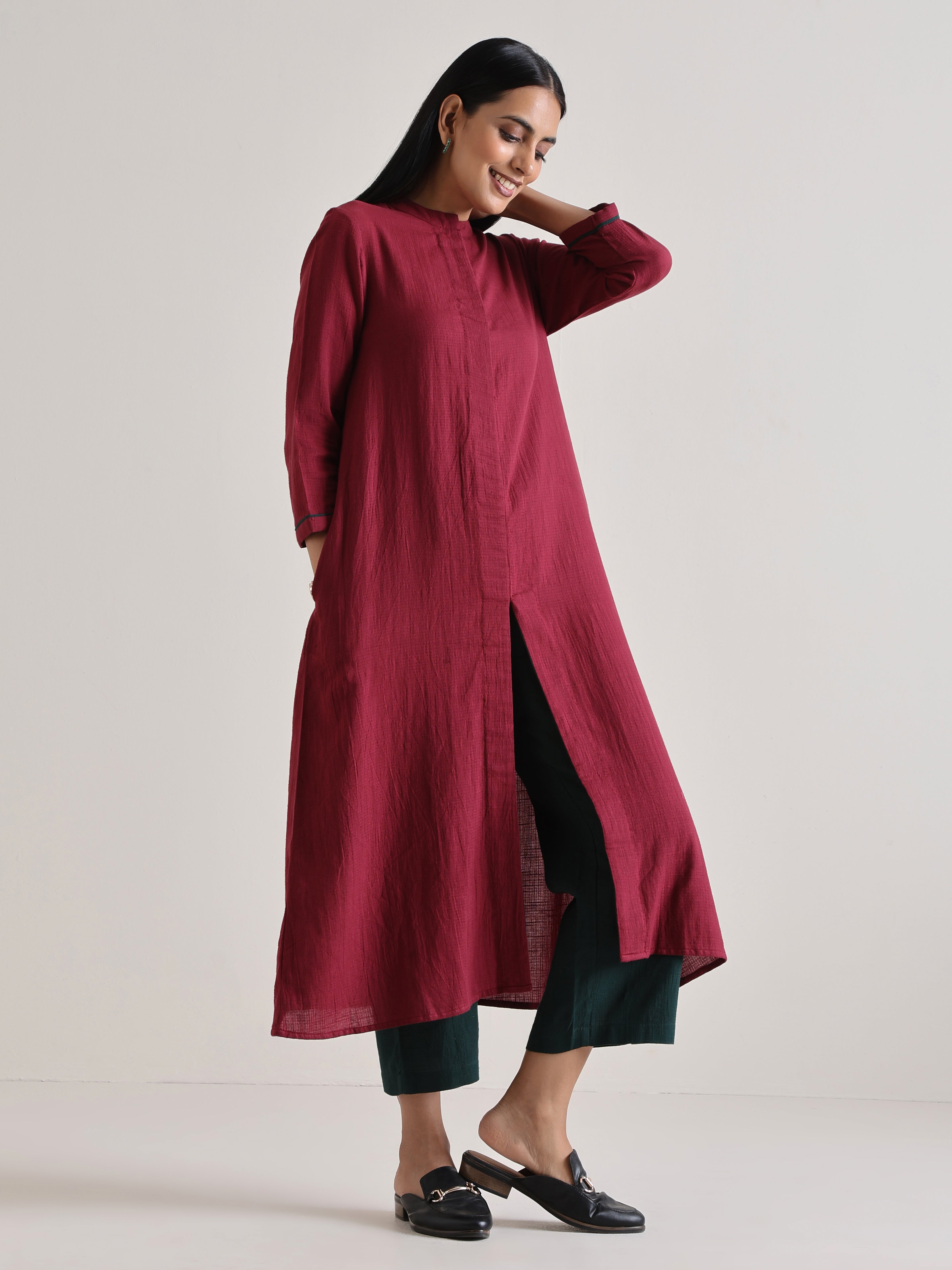 trueBrowns Maroon Placket Kurta Pant Set