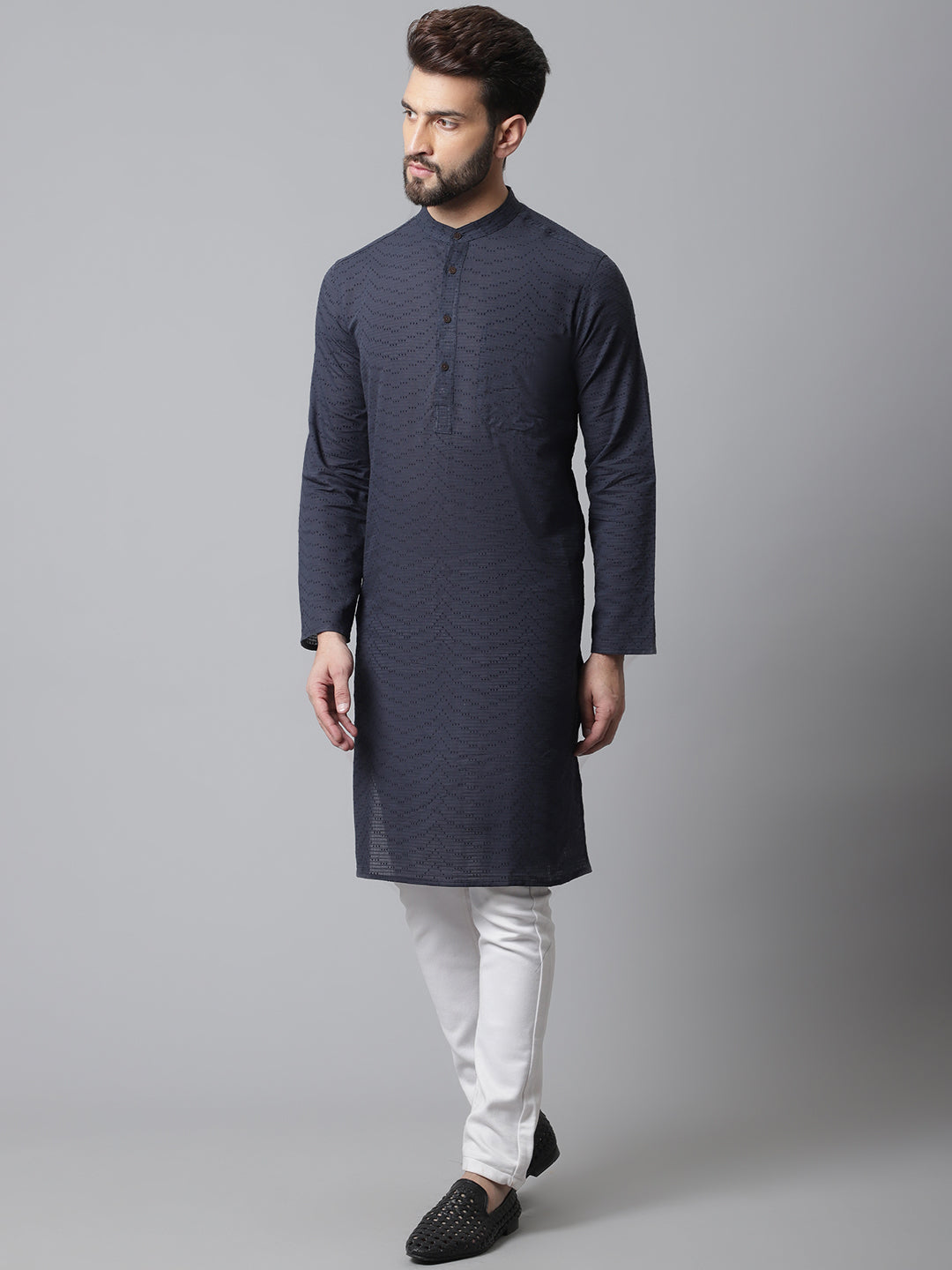 Even Apparels Blue Pure Cotton Kurta With Band Collar