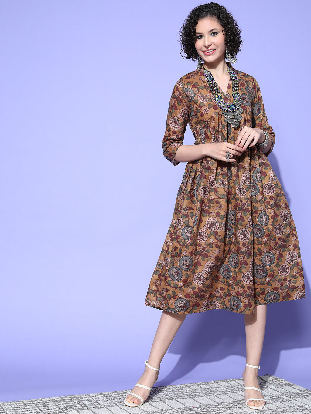 InWeave Women's Ochre Mustard Kalamkari Print Dress