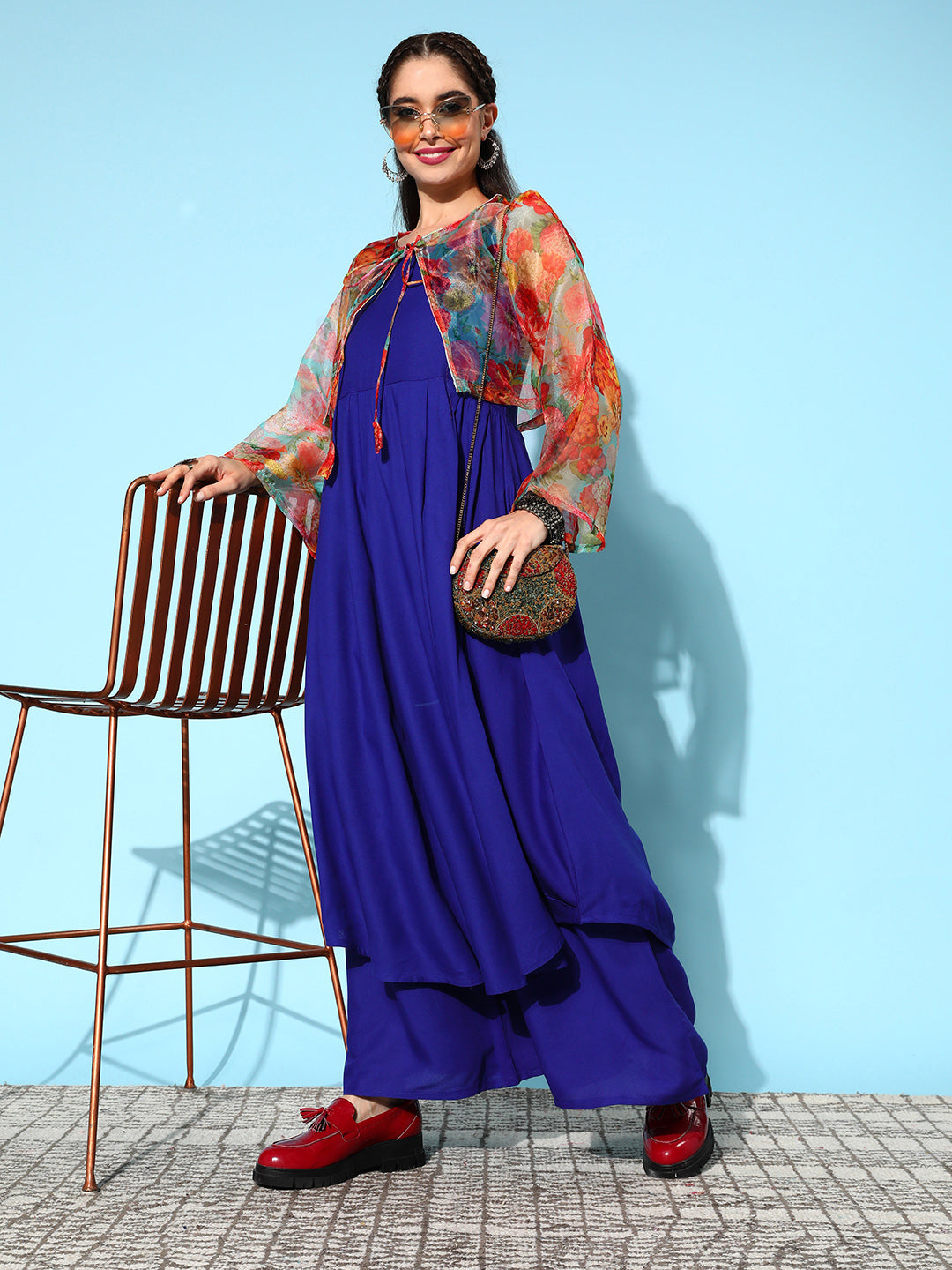 InWeave Women's Strappy Set Ink Blue With Green Floral Short Or Cape