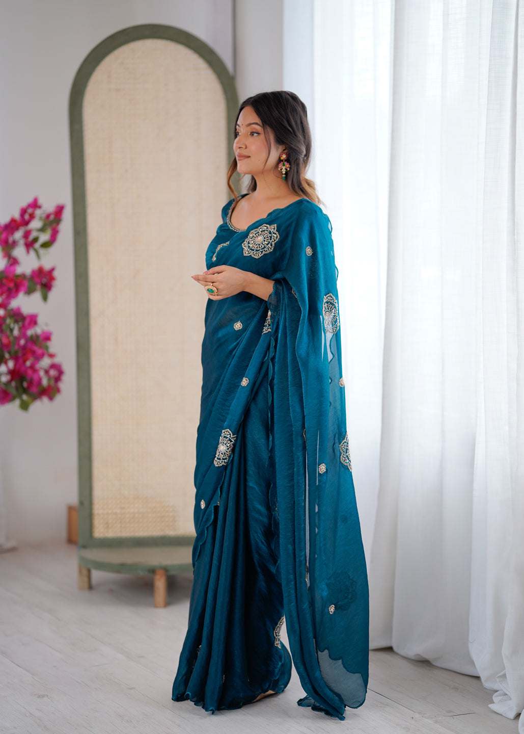 Evanik Designer Heavy Fendy Satin With Beads Embroidered Work Saree With Unstitched Blouse