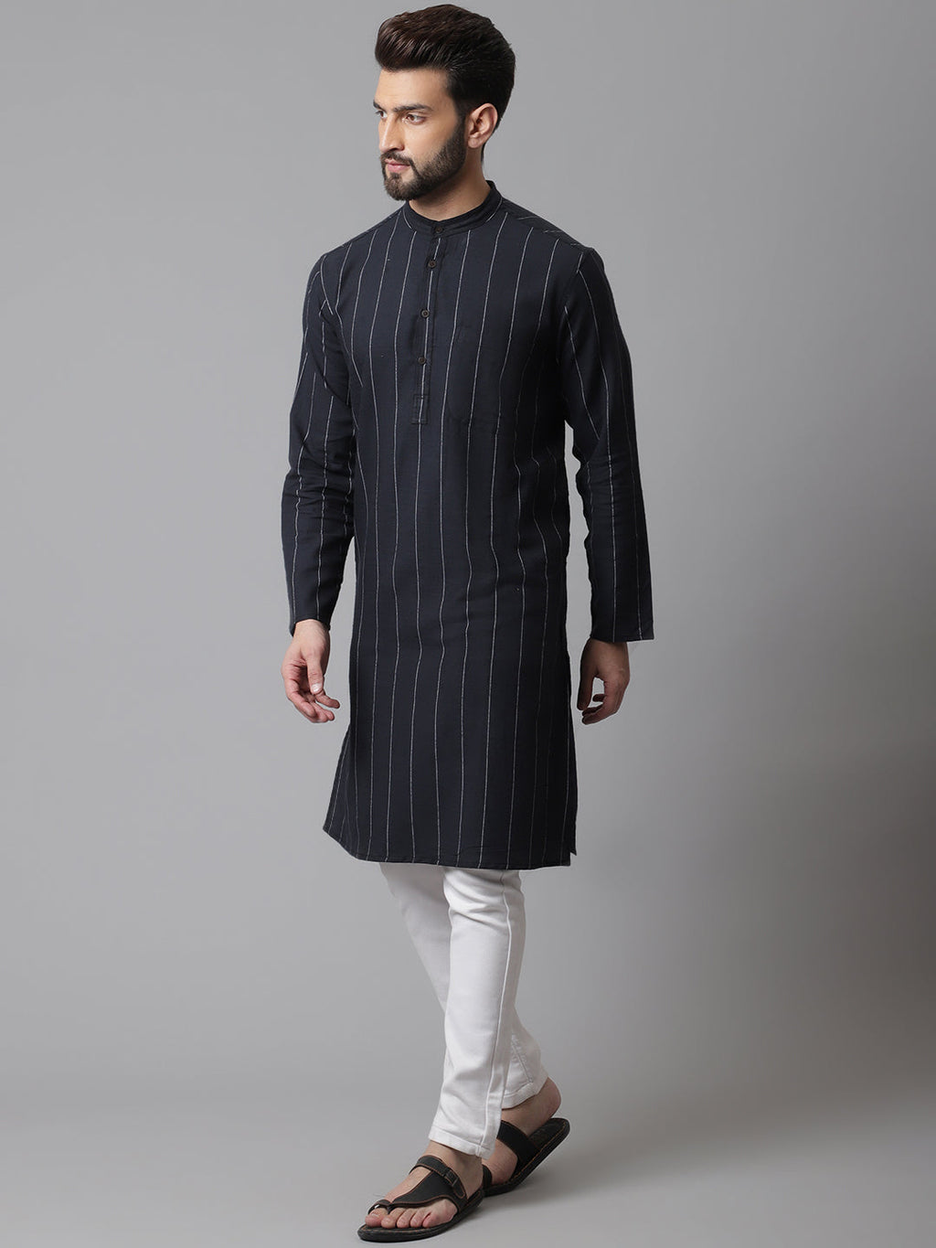 Even Apparels Black Pure Cotton Kurta With Band Collar