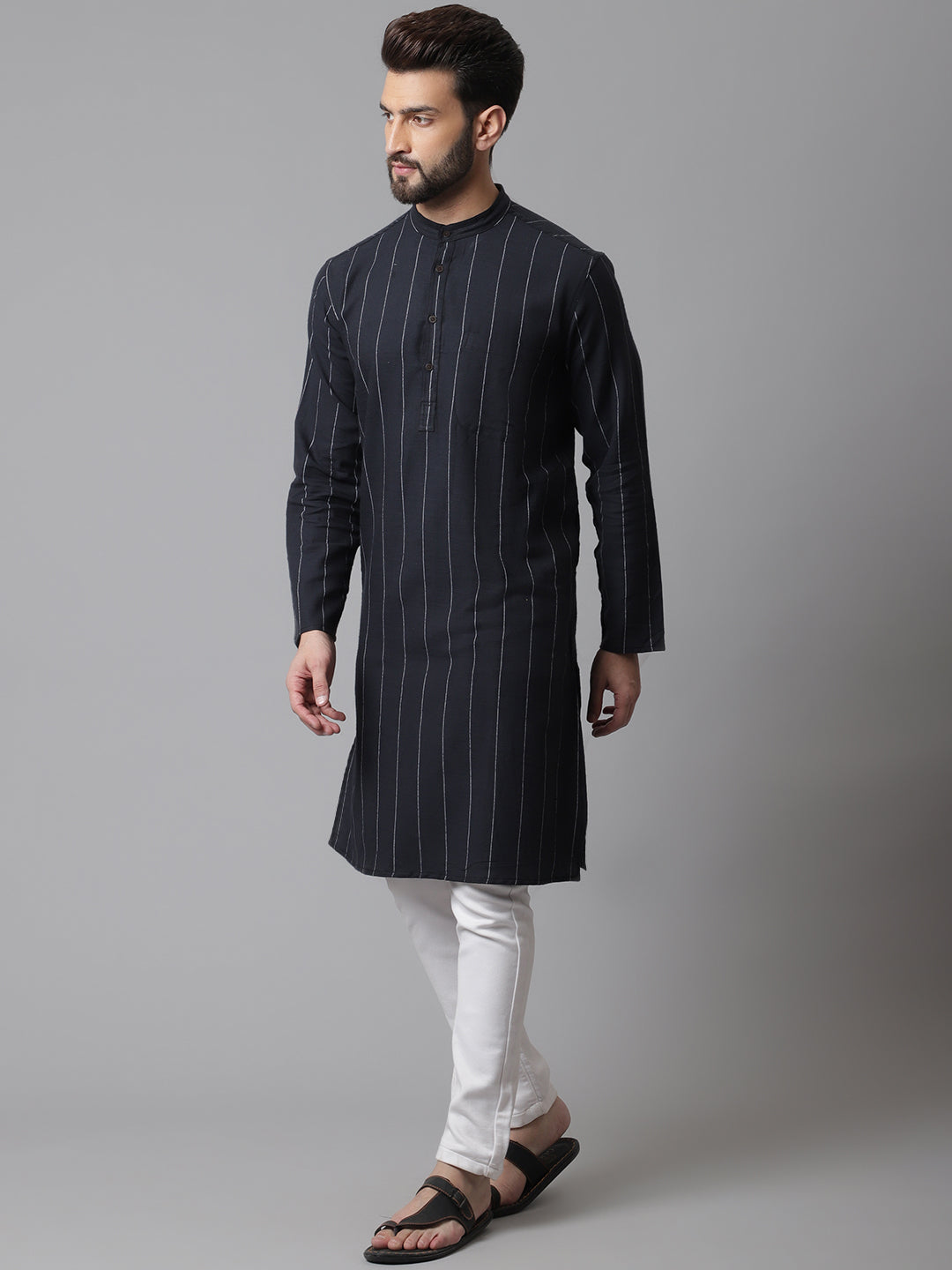 Even Apparels Black Pure Cotton Kurta With Band Collar