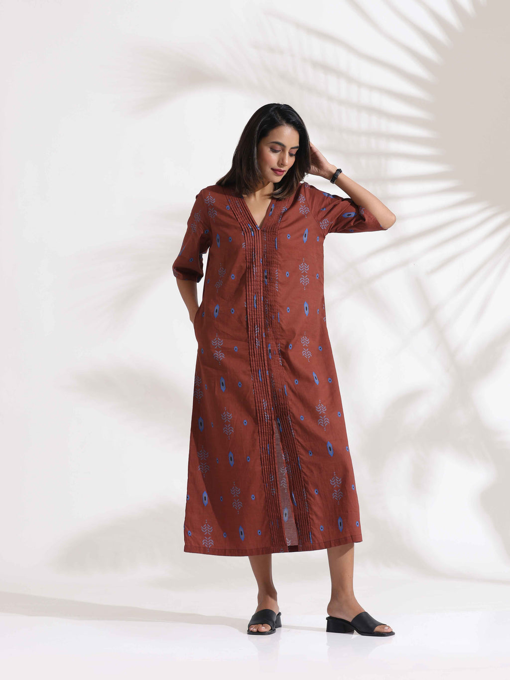 trueBrowns Brown Cotton Print pleated Dress