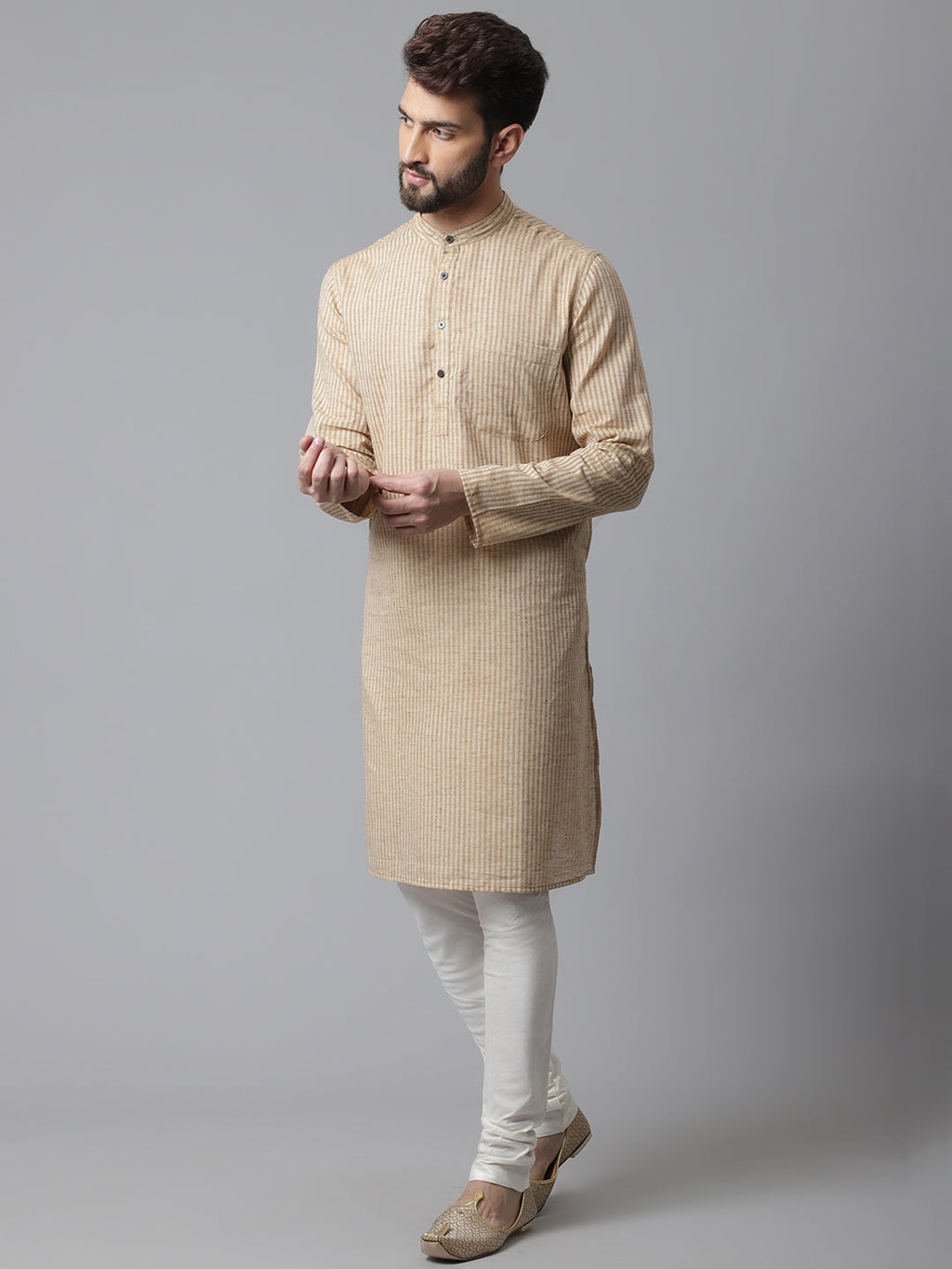 Even Apparels Pure Cotton Kurta With Band Collar - Beige