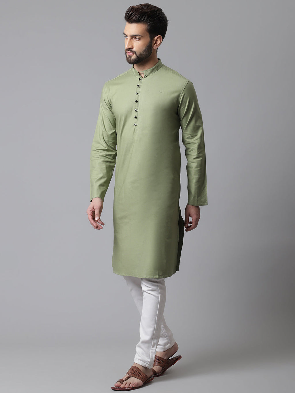 Even Apparels Green Pure Cotton Kurta With Band Collar