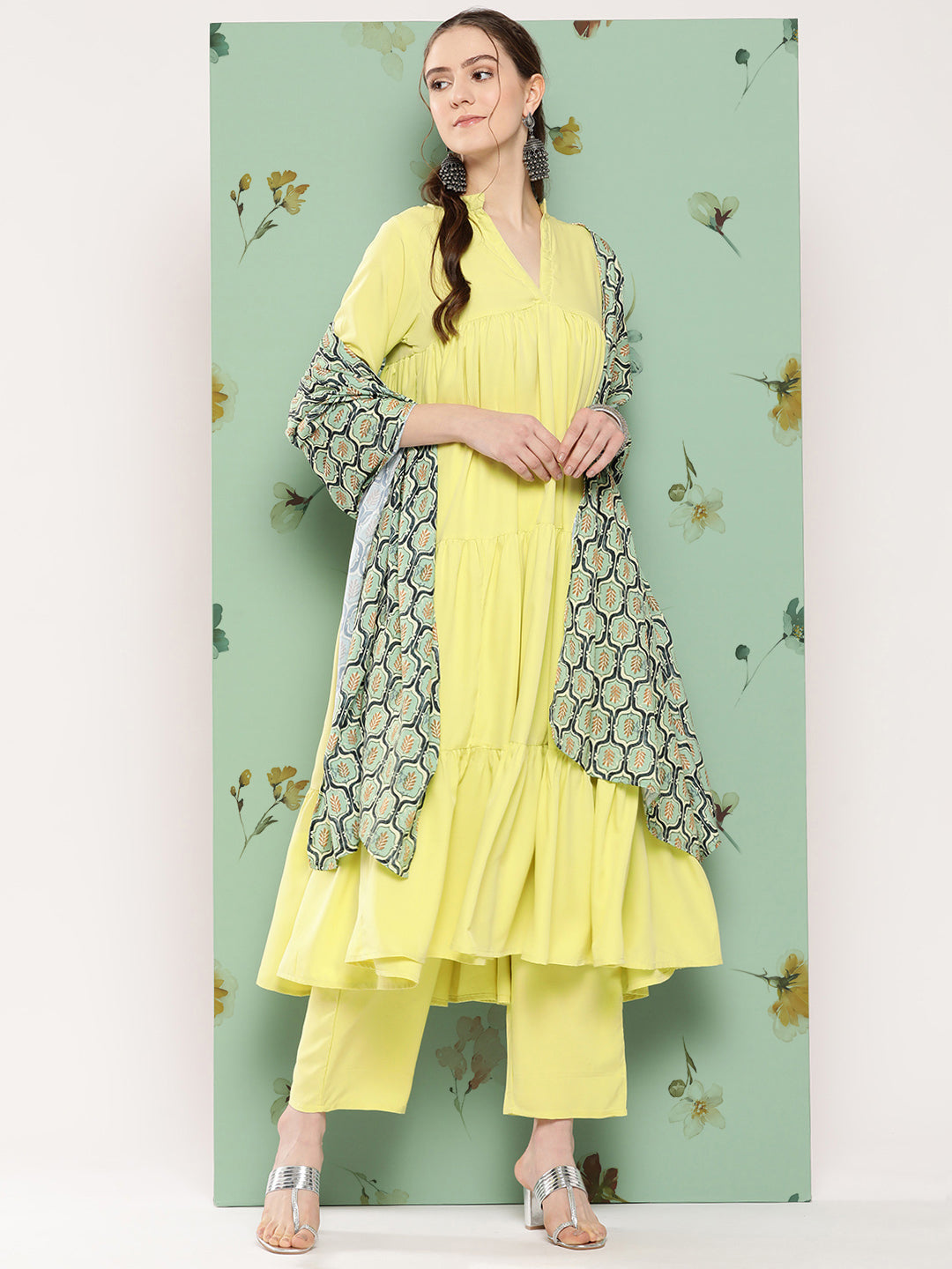 InWeave Women's Lime Green Flared Kurta Set W Green Print Cr Dupatta