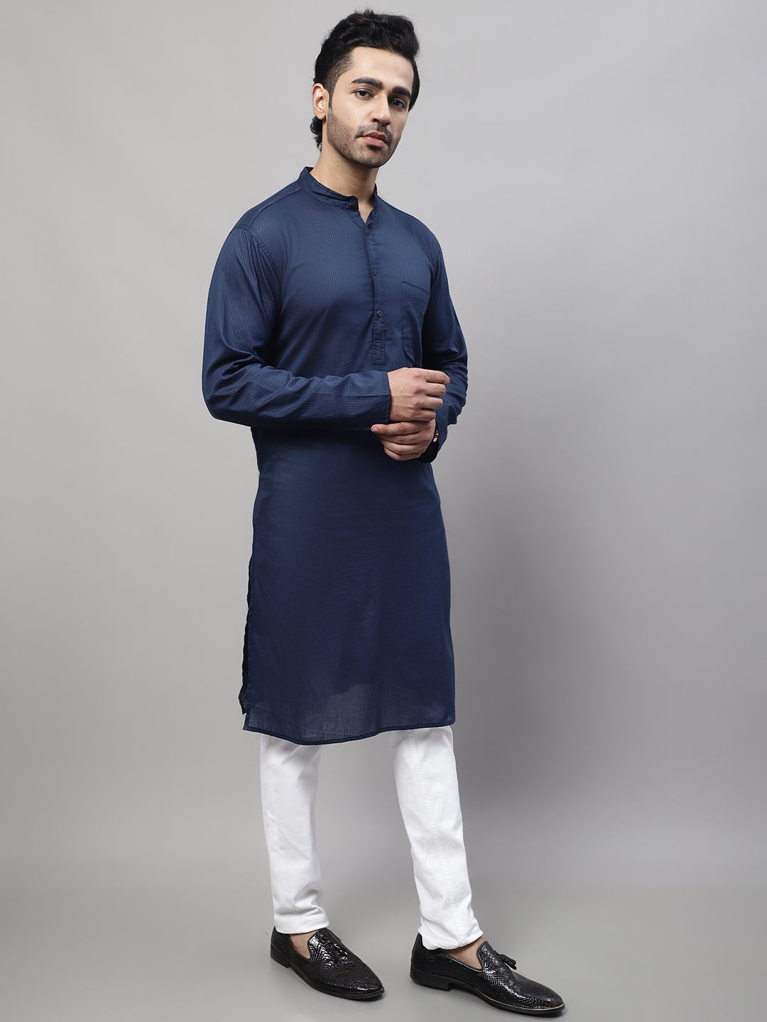 Even Apparels Blue Pure Cotton Kurta With Band Collar