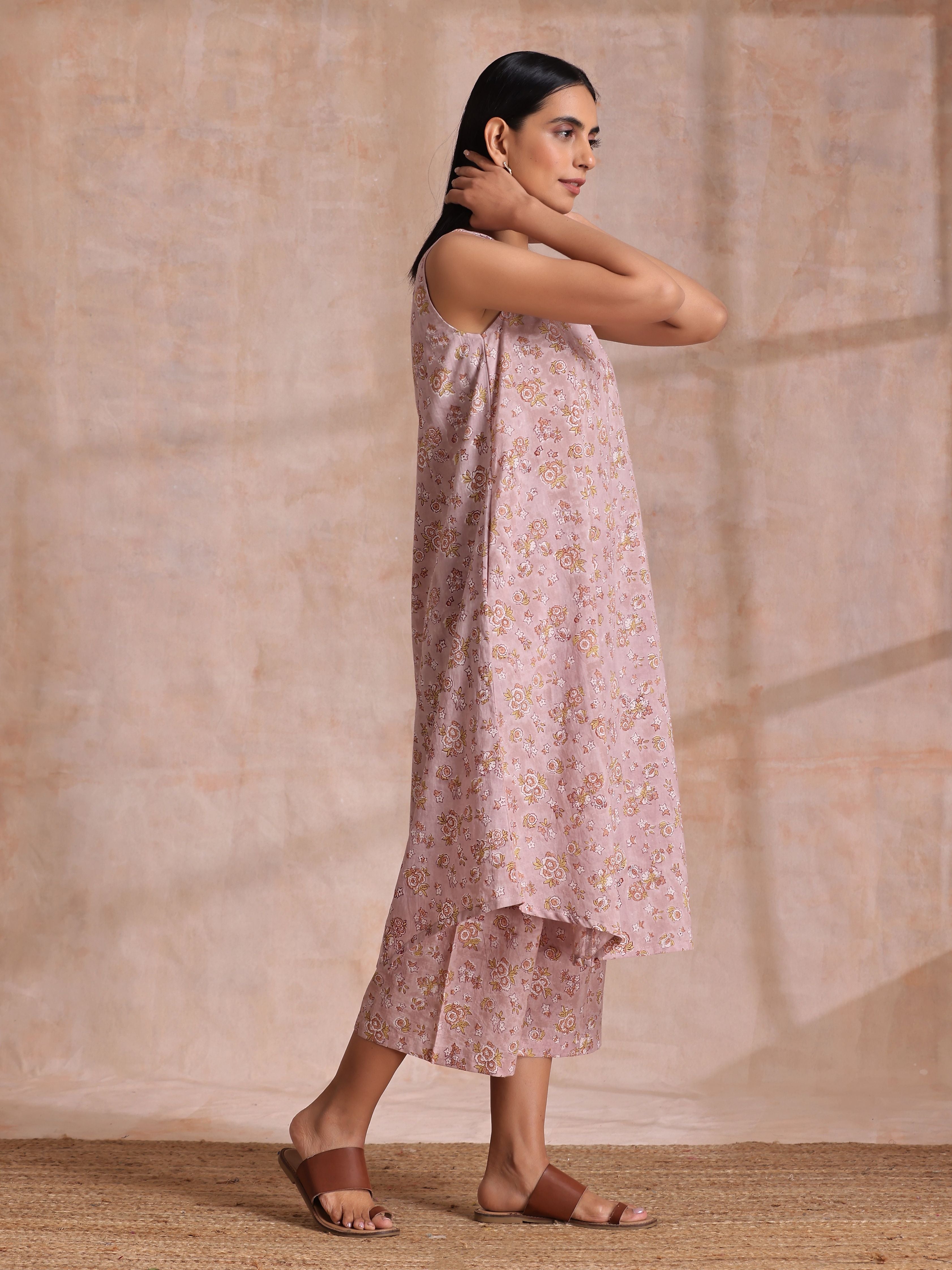trueBrowns Grey Overall Floral Block Print Cotton High-Low Co-Ord Set