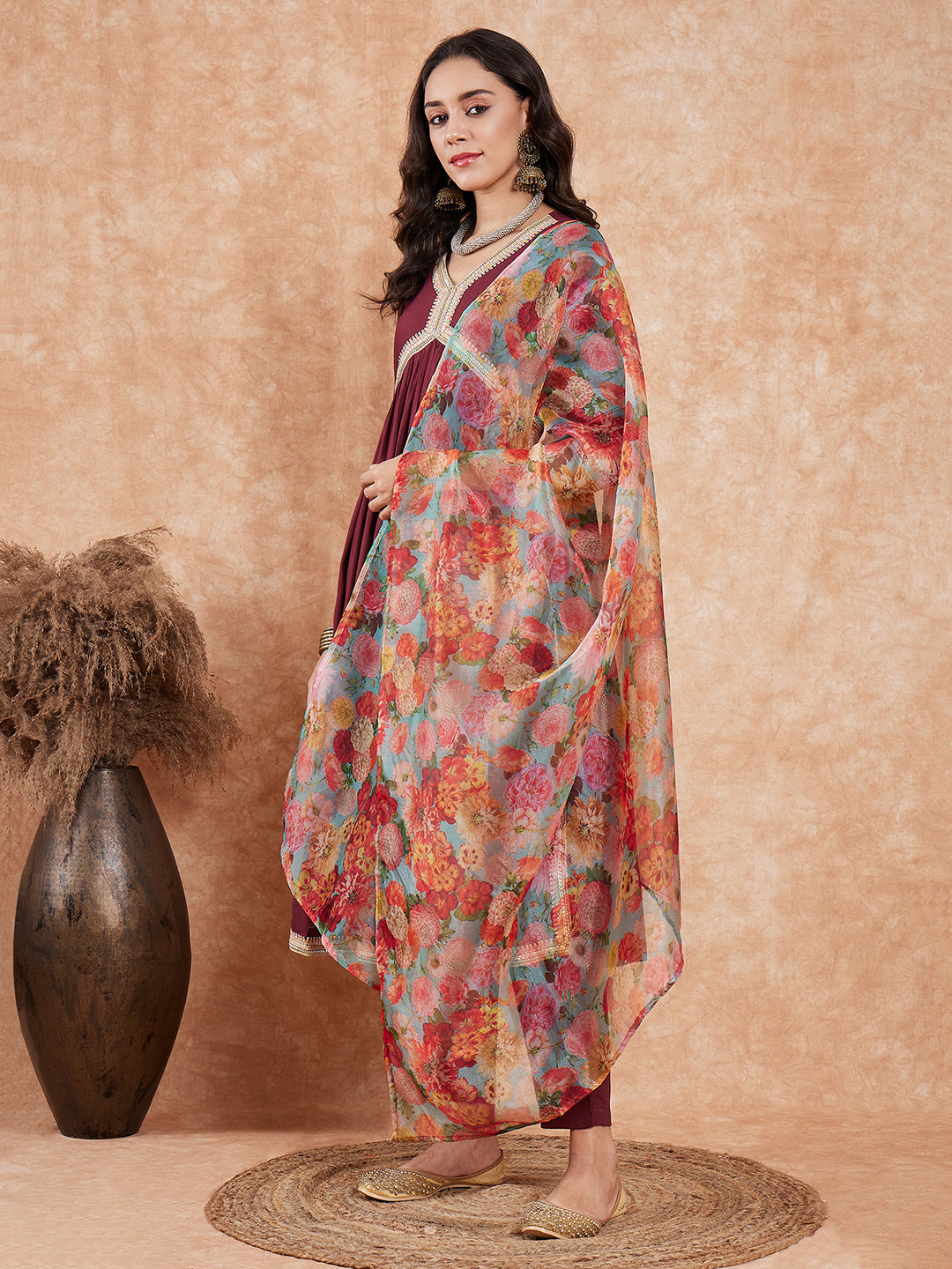 InWeave Women's Dark Burgundy Alia Neck Style Gota Set W Organza Dupatta